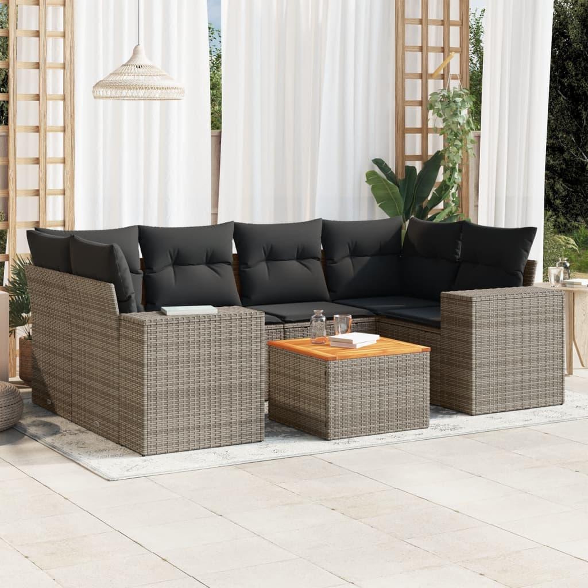 VIDAXL Salon de jardin avec coussins 7 pcs gris resine tressee