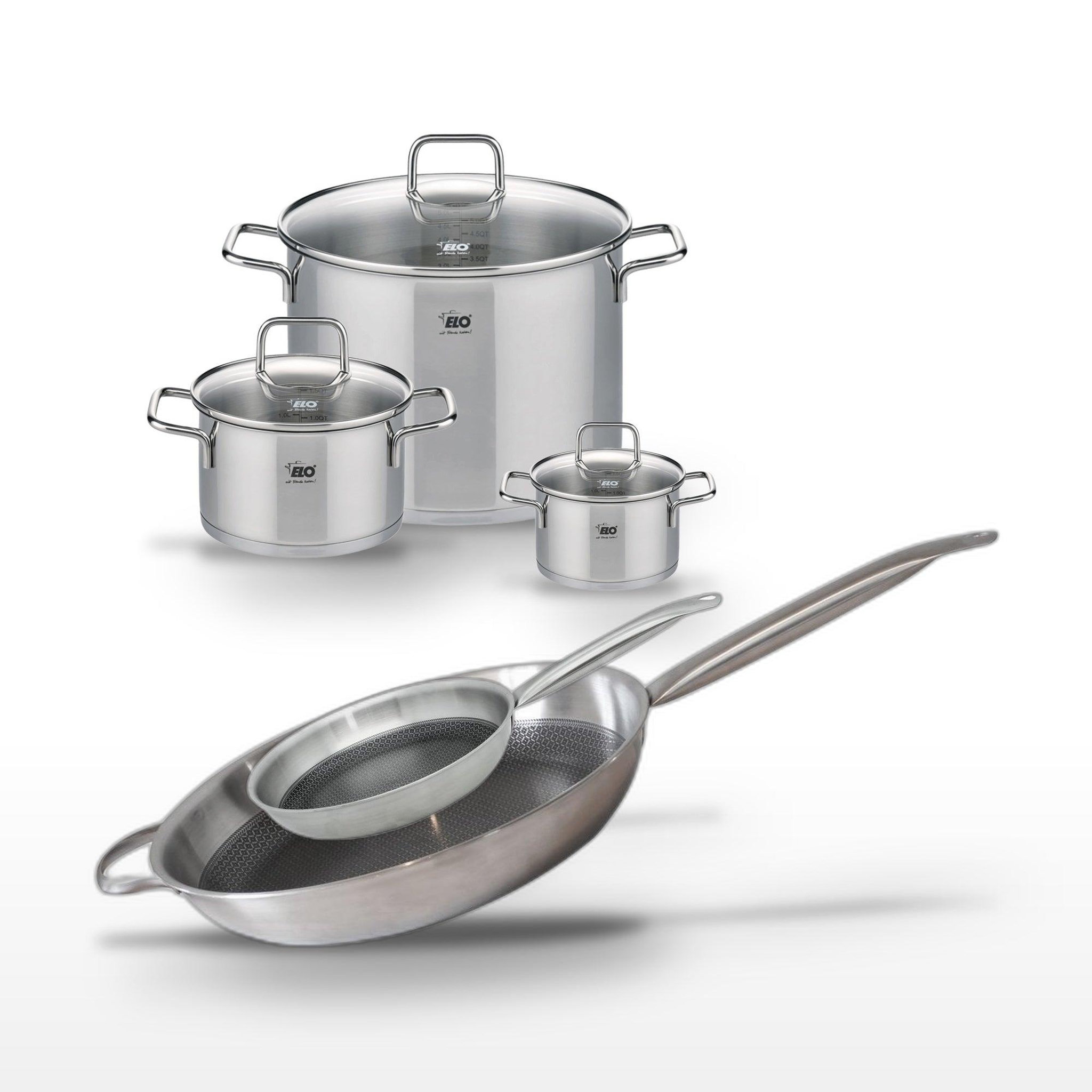 ELO Batterie de cuisine avec 2 poêles 24/32 cm et 3 faitouts 14/20/26 cm en inox sans pfas elo collection relief solution citrin