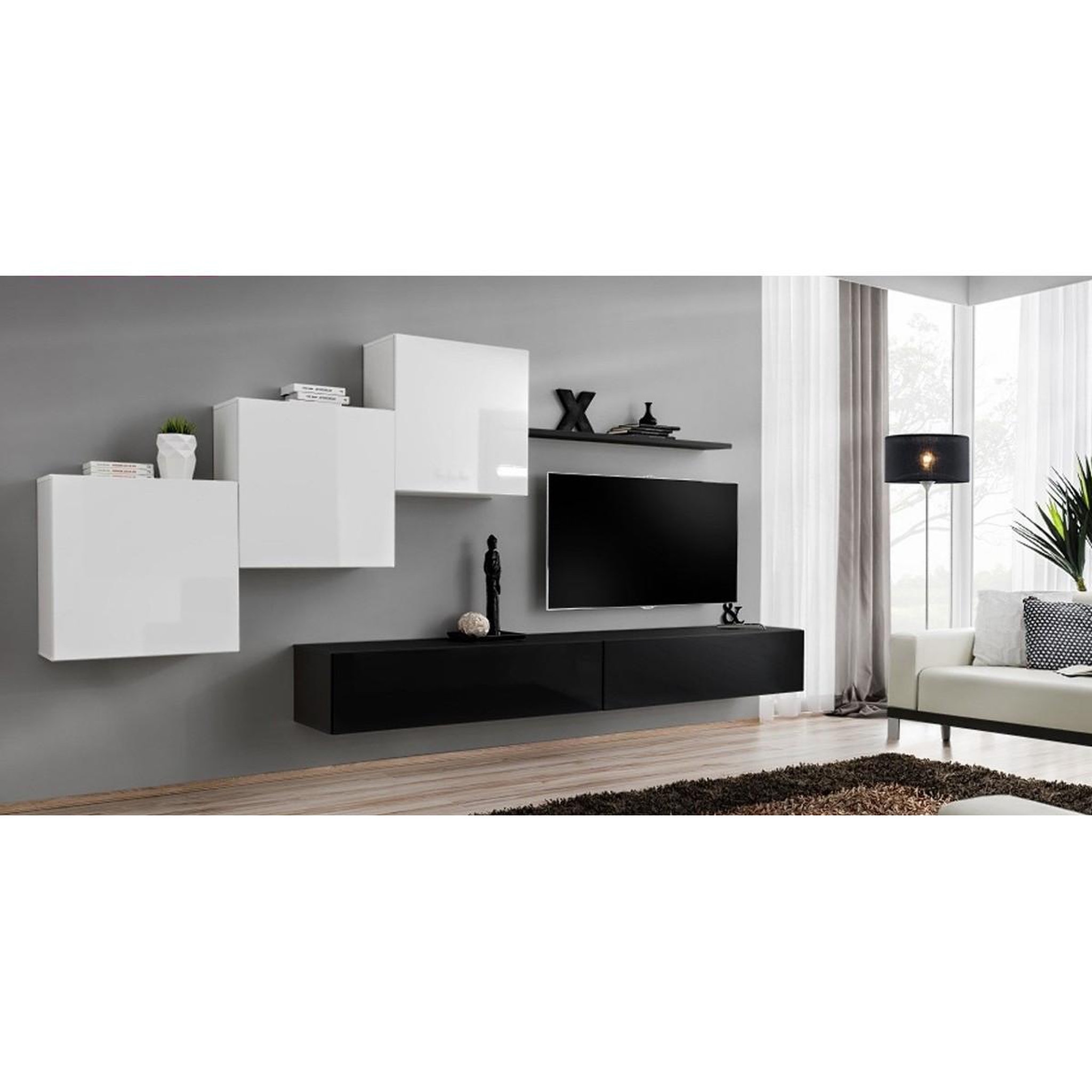 Voir la diapositive 4 : Paris Prix Meuble tv mural design  switch x  330cm blanc & noir