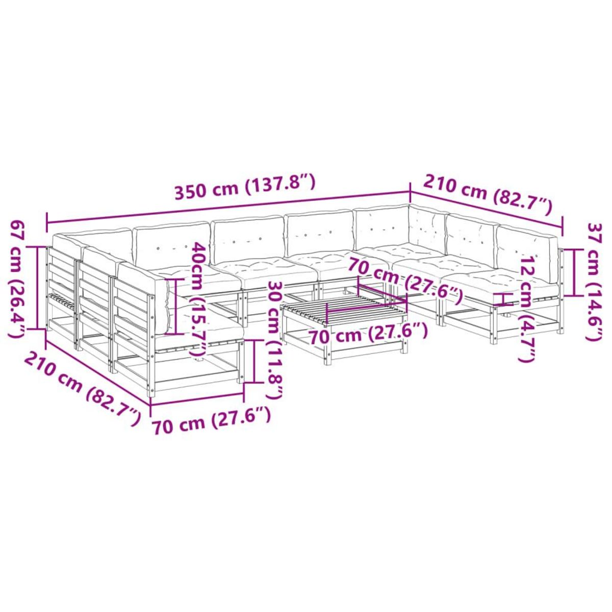 VIDAXL Salon de jardin 10 pcs avec coussins bois de pin massif