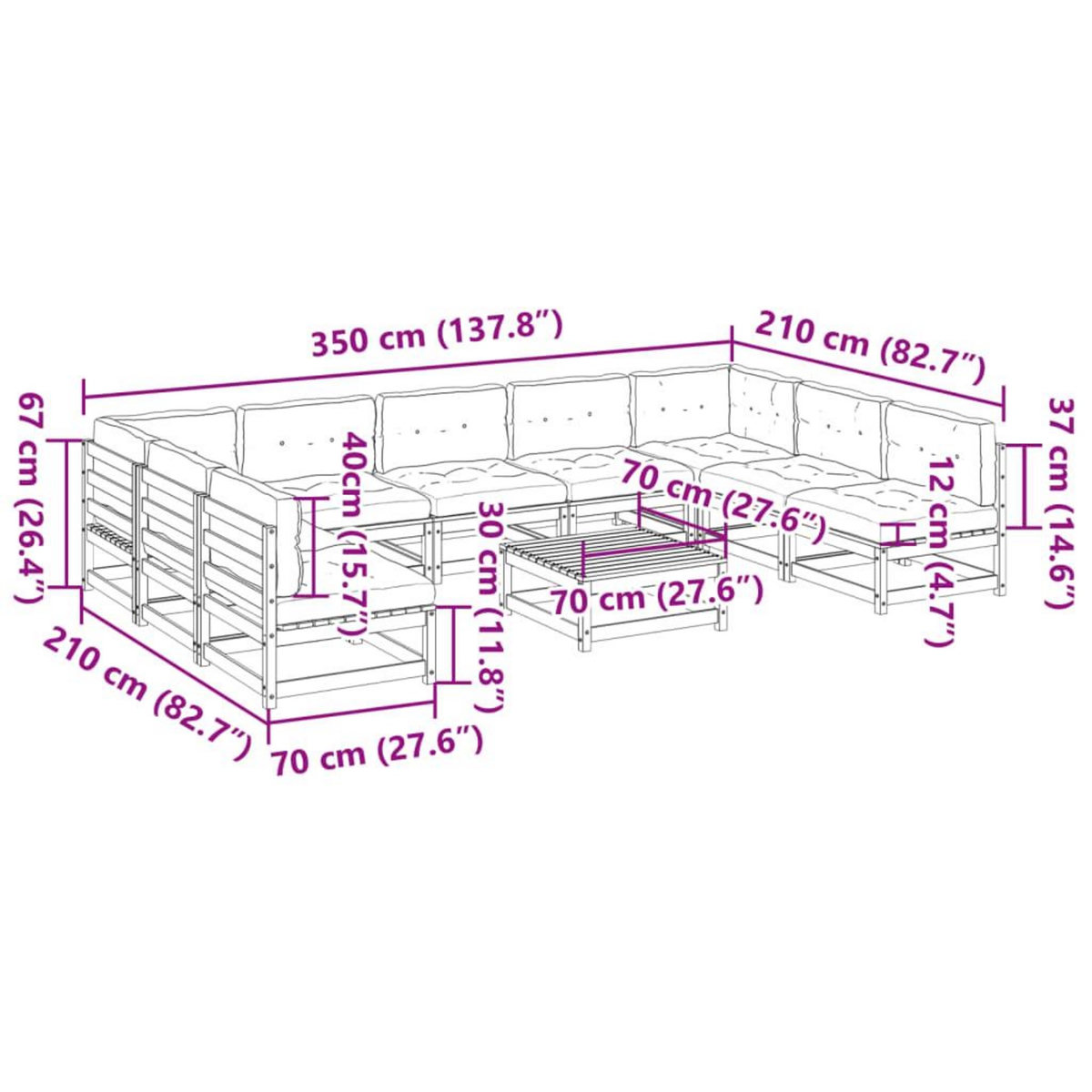VIDAXL Salon de jardin 10 pcs avec coussins bois de pin massif