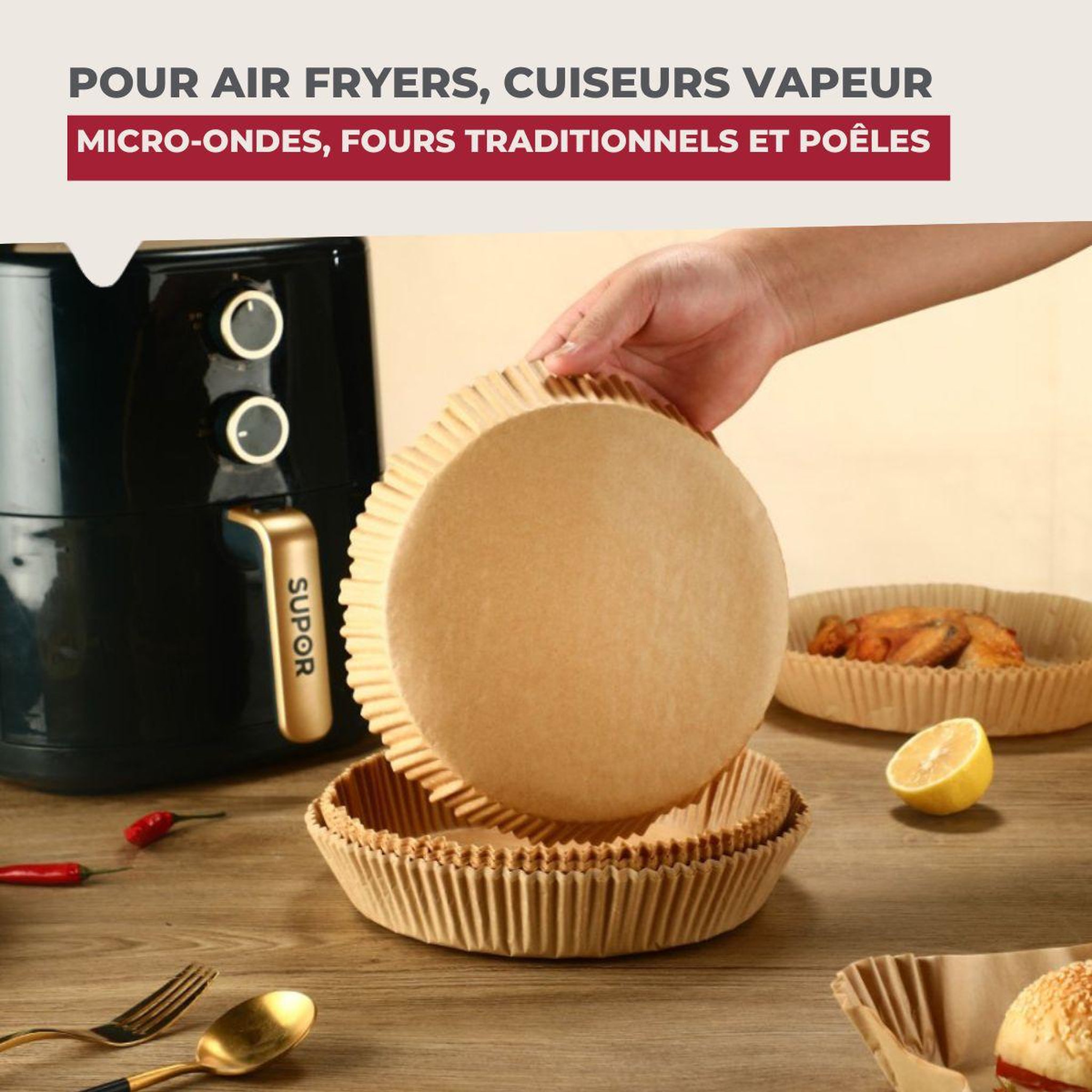 Voir la diapositive 5 : Fackelmann Lot de 300 moules en papier air fryer ronds 16 cm fackelmann