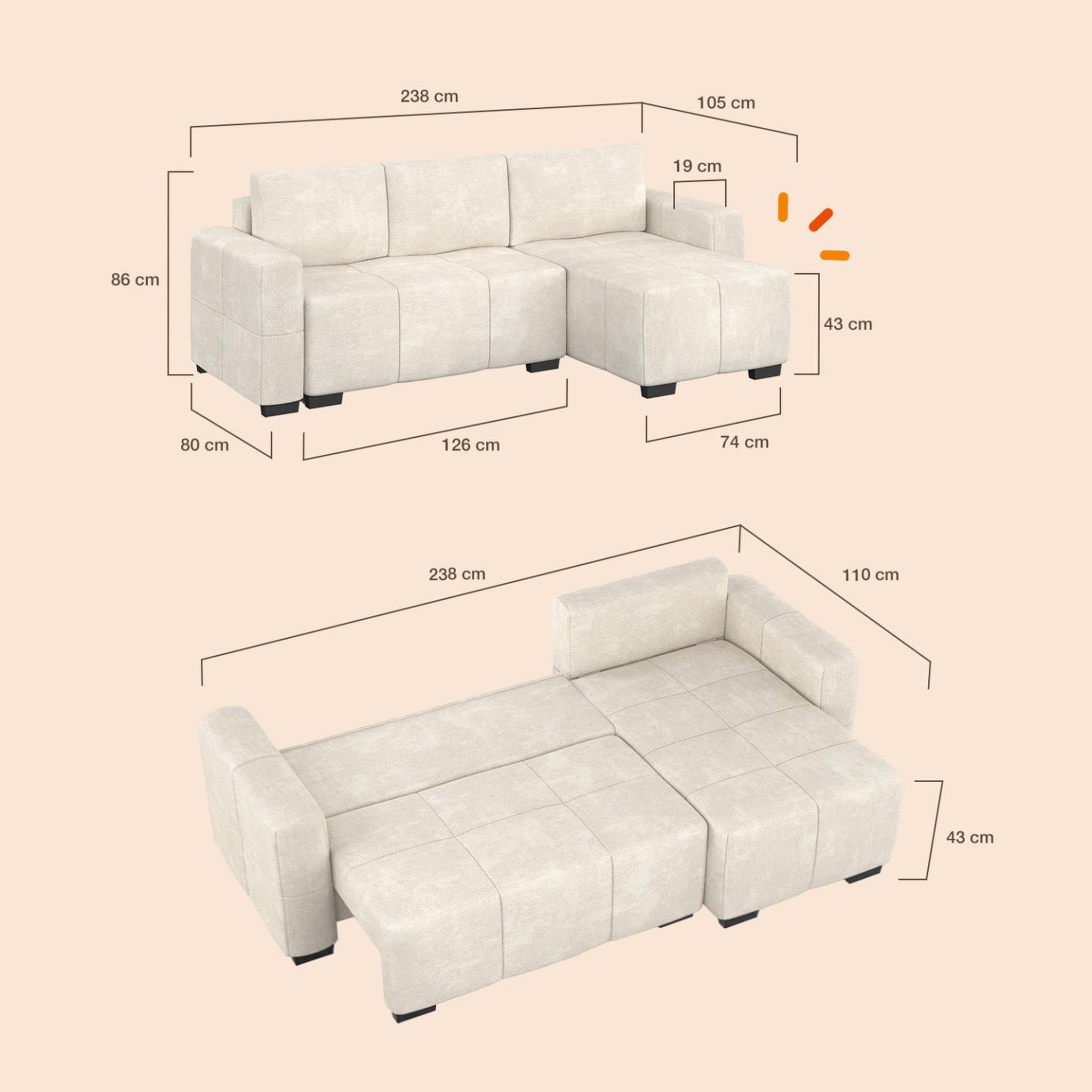 Voir la diapositive 5 : ID MARKET Canapé d'angle convertible 4 places NUAGE 240 cm avec coffre de rangement en tissu chenille crème