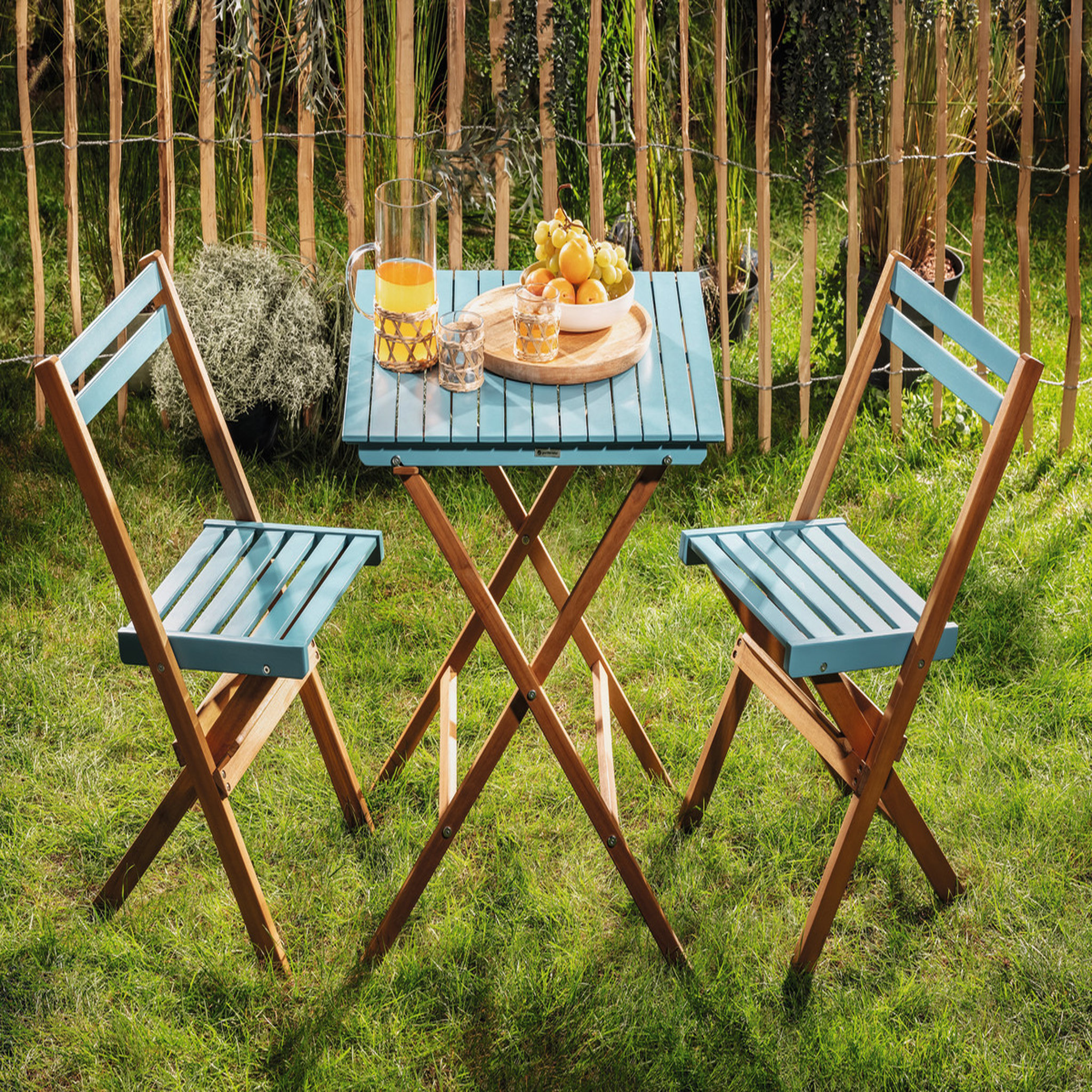 Voir la diapositive 1 : GARDENSTAR Salon de jardin - 2 places - Bois d'acacia - Bleu