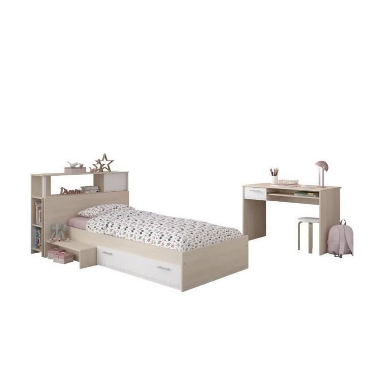 PARISOT PARISOT Chambre enfant complete Tete de lit + lit + bureau - Style contemporain - Decor acacia clair et blanc - CHARLEMAGNE