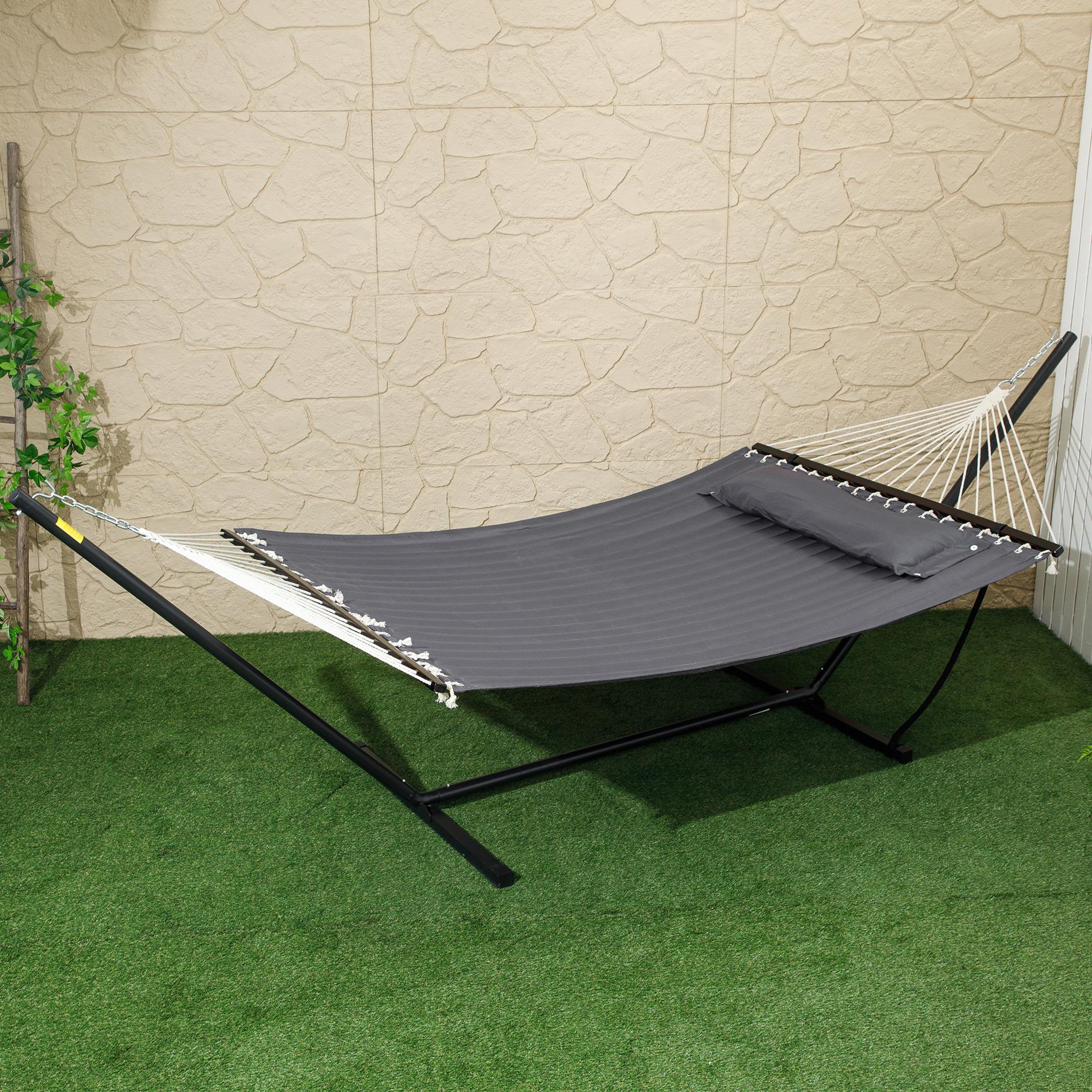 Voir la diapositive 4 : OUTSUNNY Hamac sur pied 1 place grand confort - tétière, toile matelassé - acier gris foncé