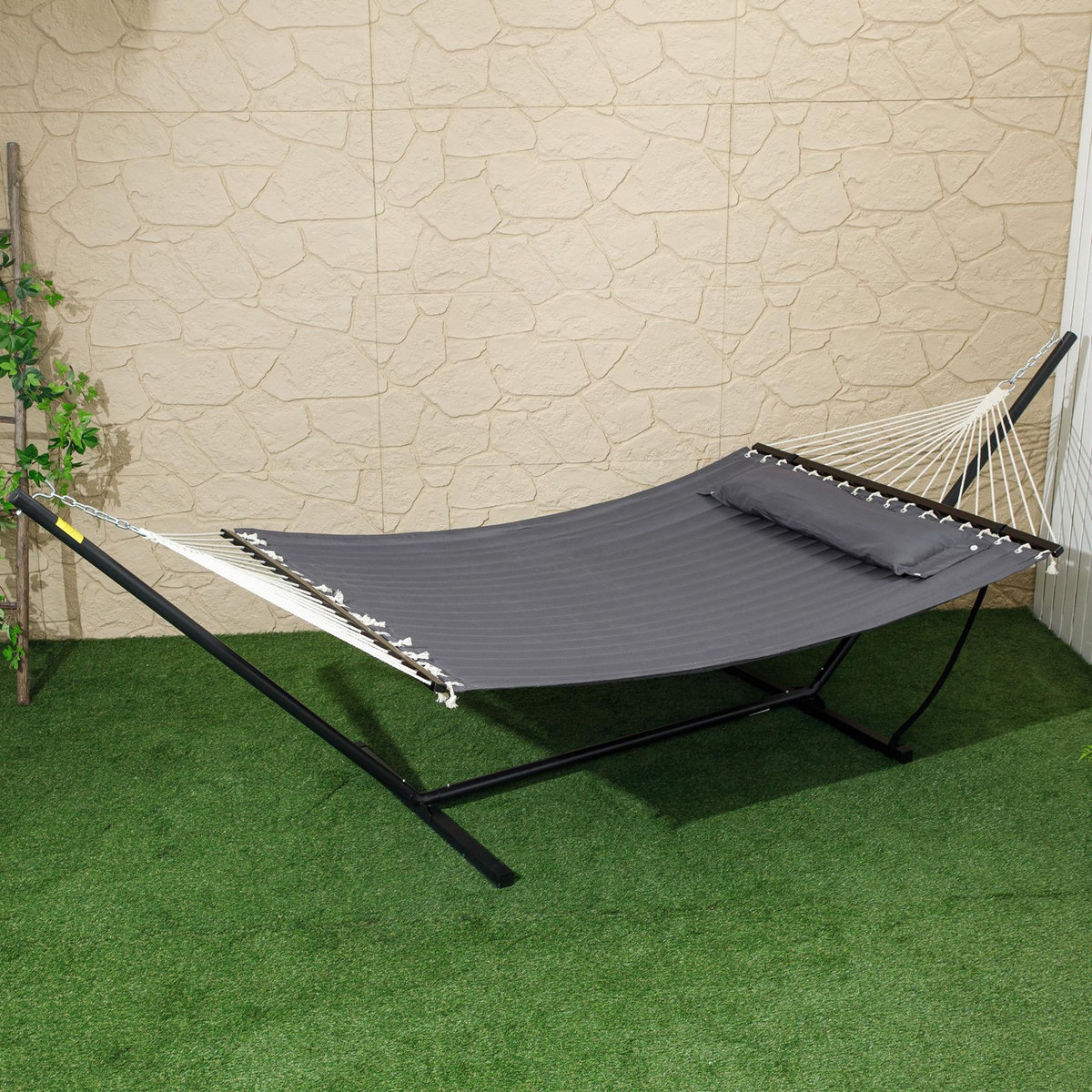 OUTSUNNY Hamac sur pied 1 place grand confort - tétière, toile matelassé - acier gris foncé