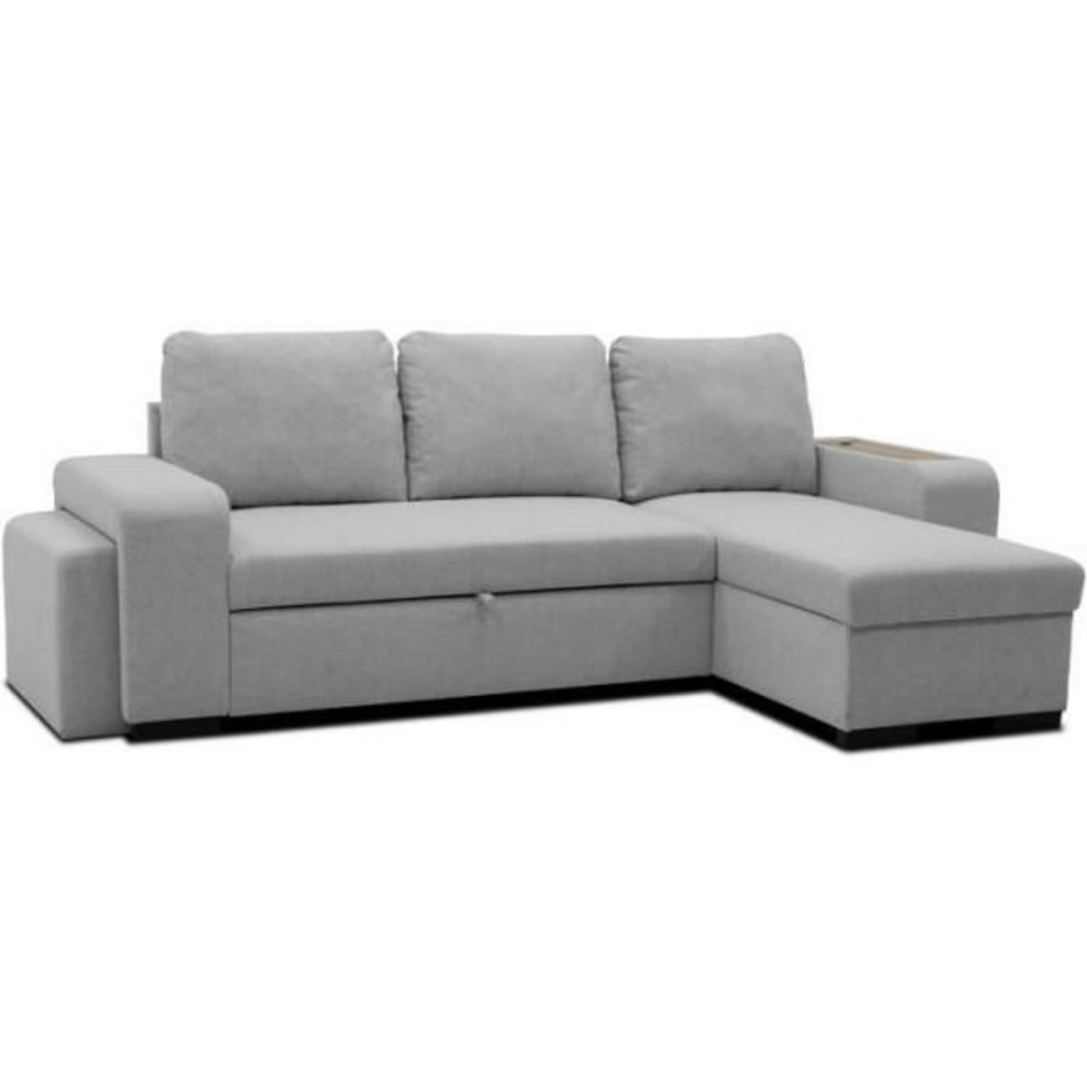 MARKET24 Canapé d'angle convertible réversible VALDO 3 a 4 places - Tissu Souris - Tablette avec USB - Coffre + Pouf - L247xP143xH86 cm