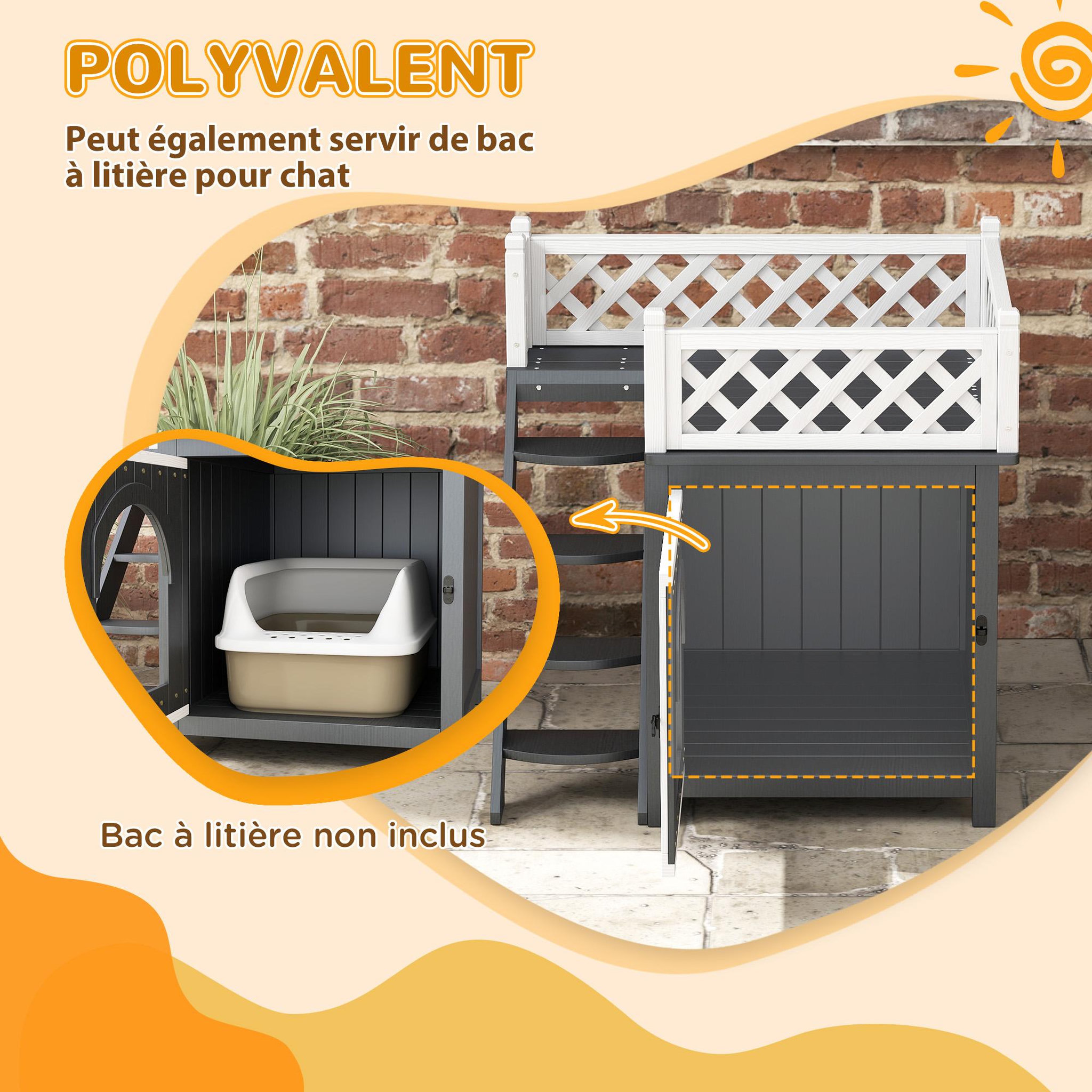 Voir la diapositive 6 : PAWHUT Maison niche chat sur pied - 2 niveaux, porte loquet, terrasse, escalier - bois gris blanc