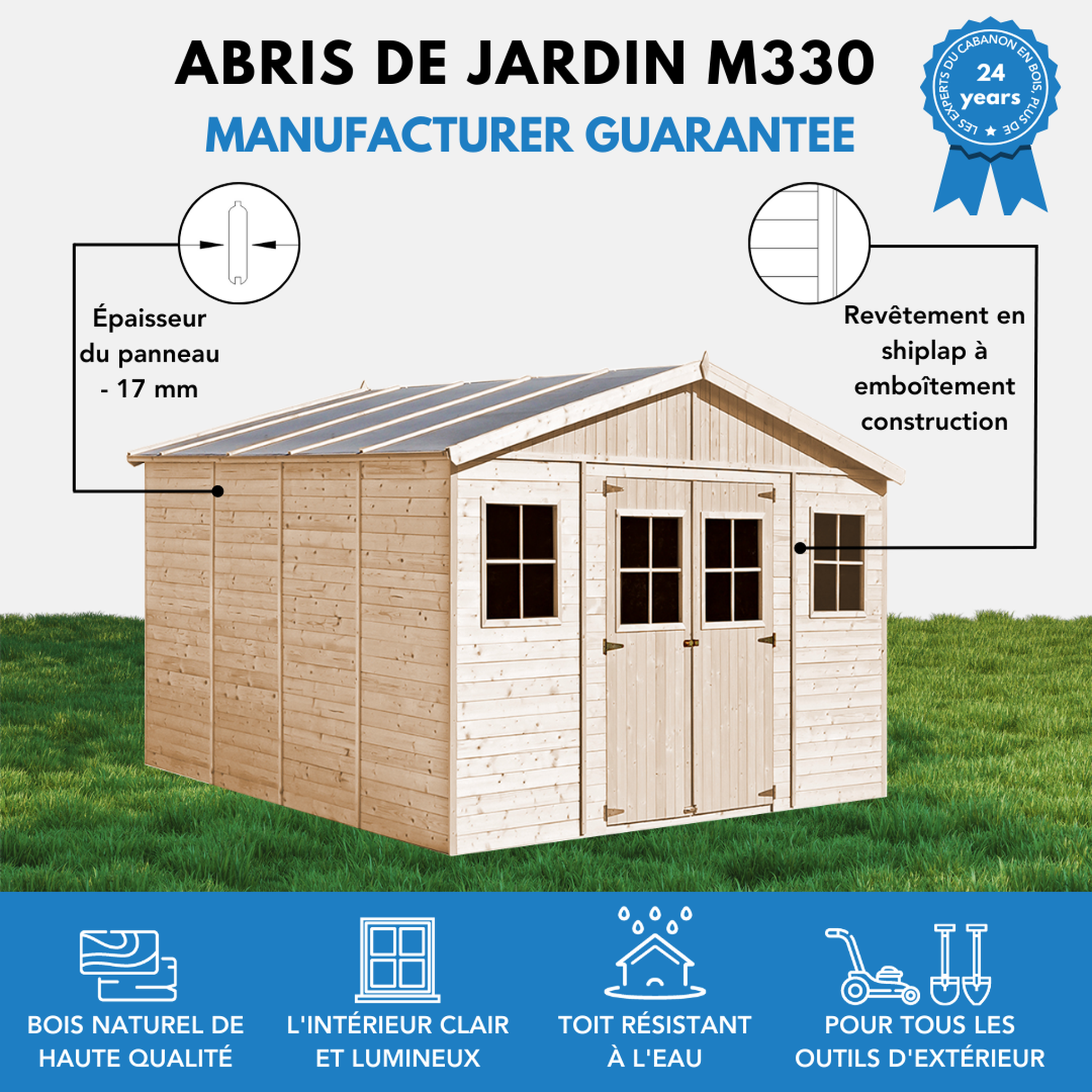 Voir la diapositive 6 : TIMBELA Abri de Jardin en Bois 15.84 m² Cabanon Jardin Exterieur à Outils et Velo avec Fenêtres M330