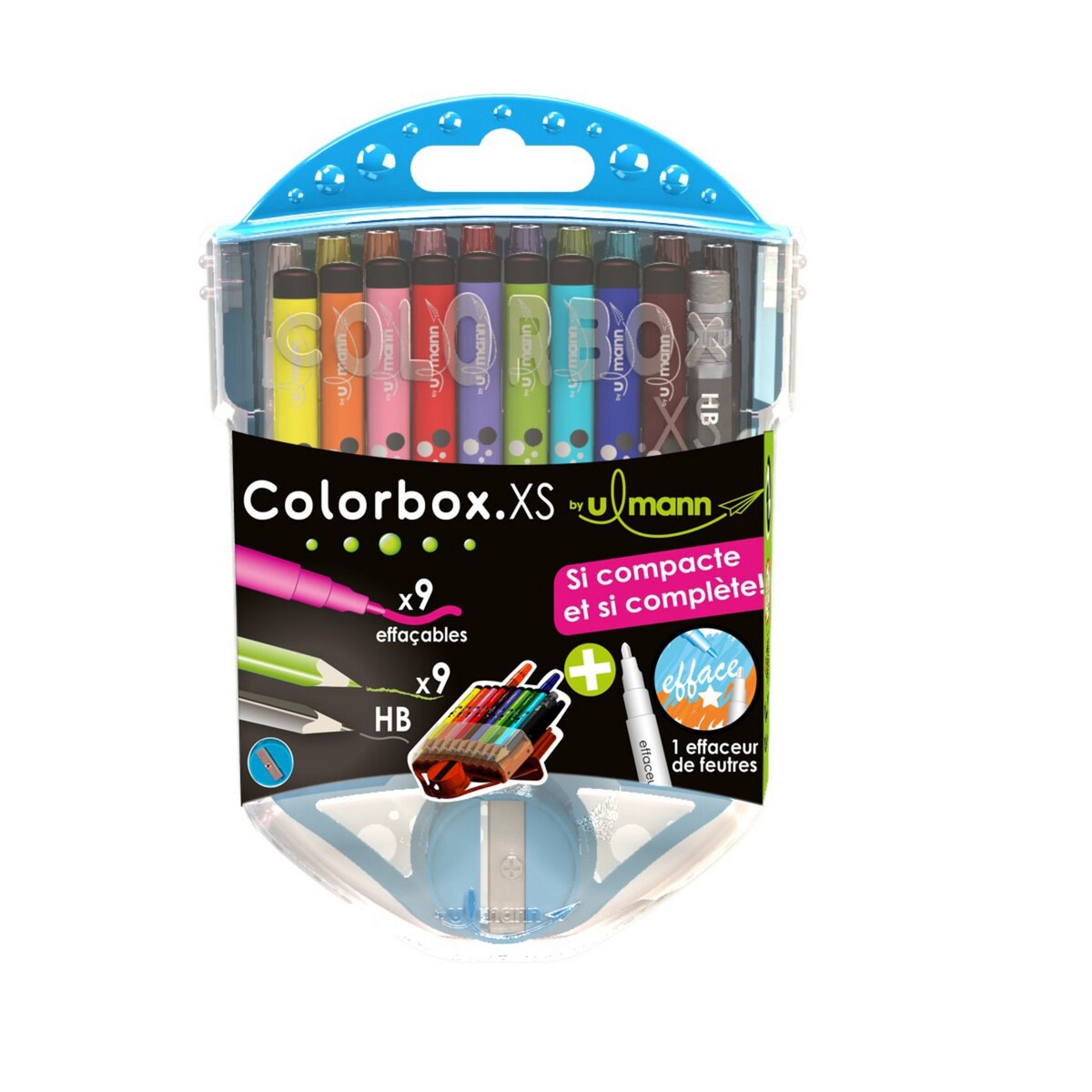 ULMANN  Coffret de coloriage 9 feutres lavables + 9 crayons de couleurs + 1 crayon graphite HB + 1 effaceur de feutres + 1 taille crayon Colorbox XS bleu