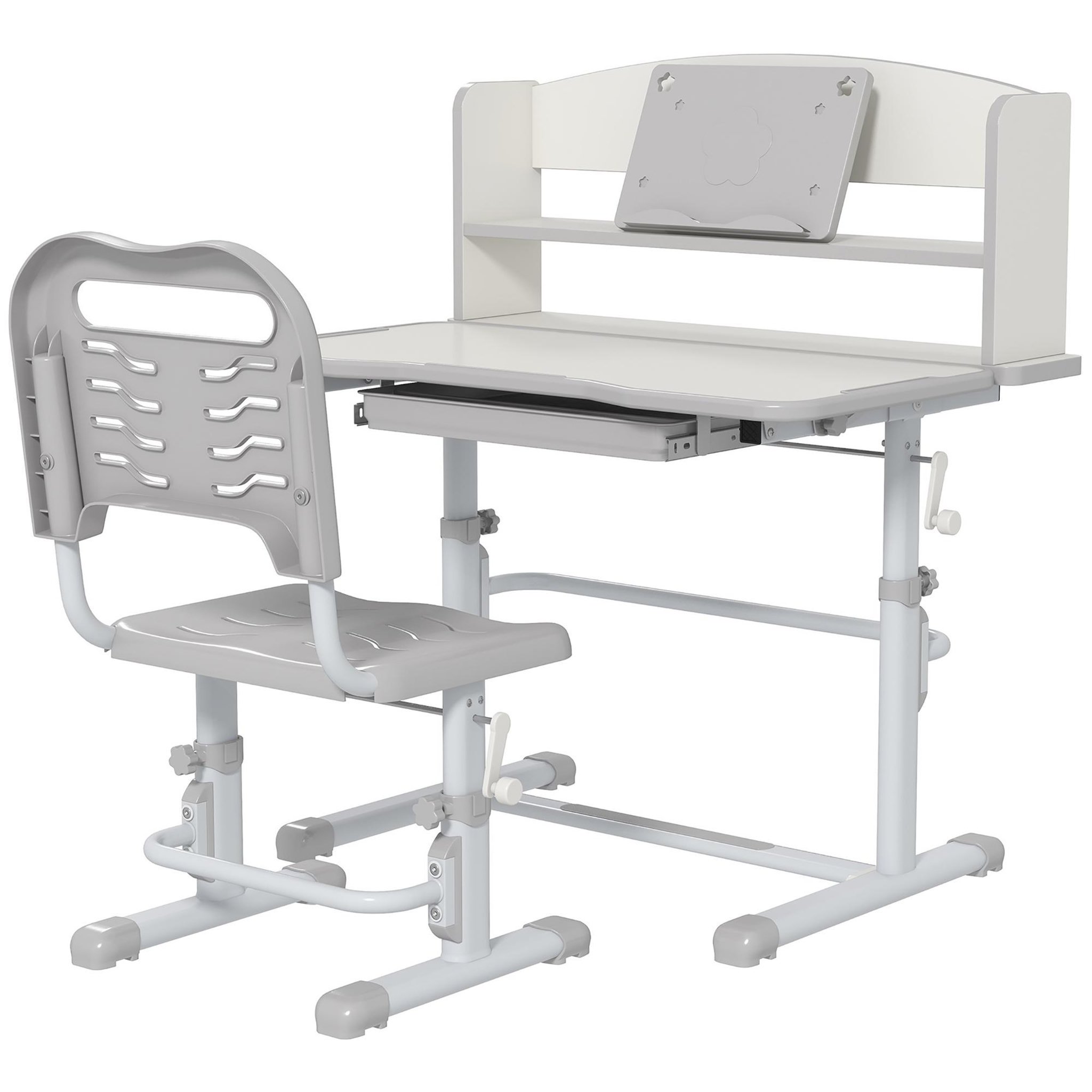 Voir la diapositive 1 : HOMCOM Bureau enfant avec chaise - ensemble bureau et chaise réglable - support lecture, tablette, étagère - gris blanc