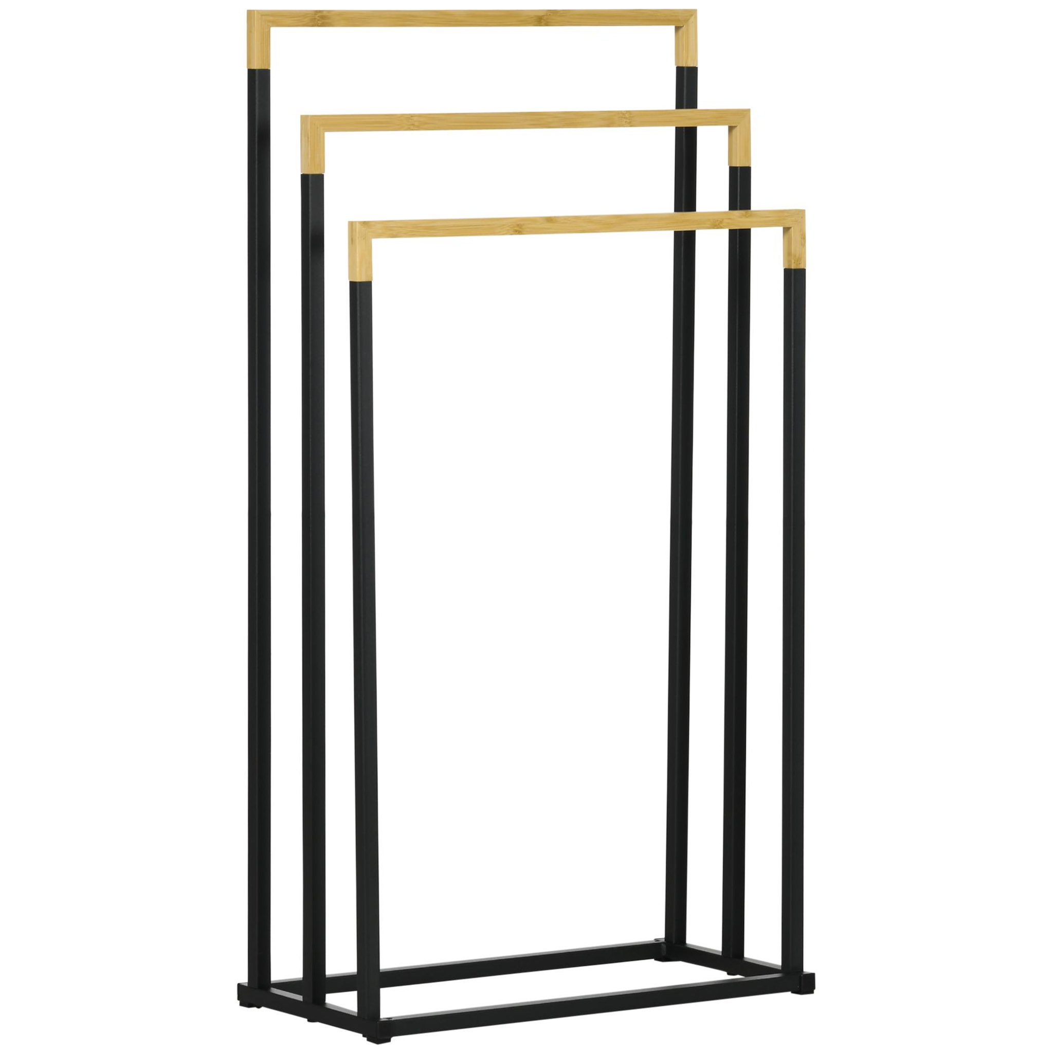 KLEANKIN Porte-serviette autoportant 3 barres - dim. 45l x 22l x 86h cm - bois bambou acier noir