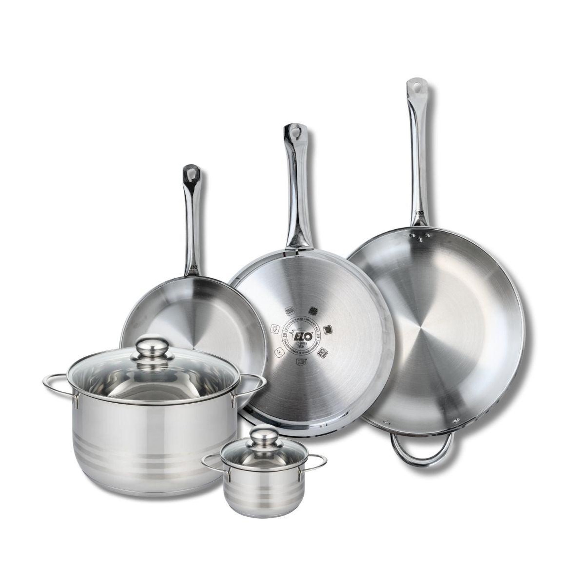 ELO Ensemble de 3 poêles de cuisson 24, 28 et 32 cm et 2 faitouts 12 et 24 cm elo profi brillant