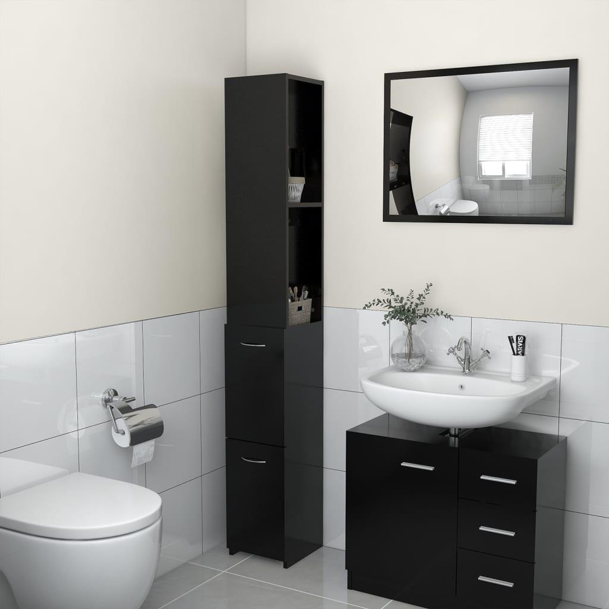 Voir la diapositive 1 : VIDAXL Armoire de salle de bain noir 25x26,5x170 cm bois d'ingenierie