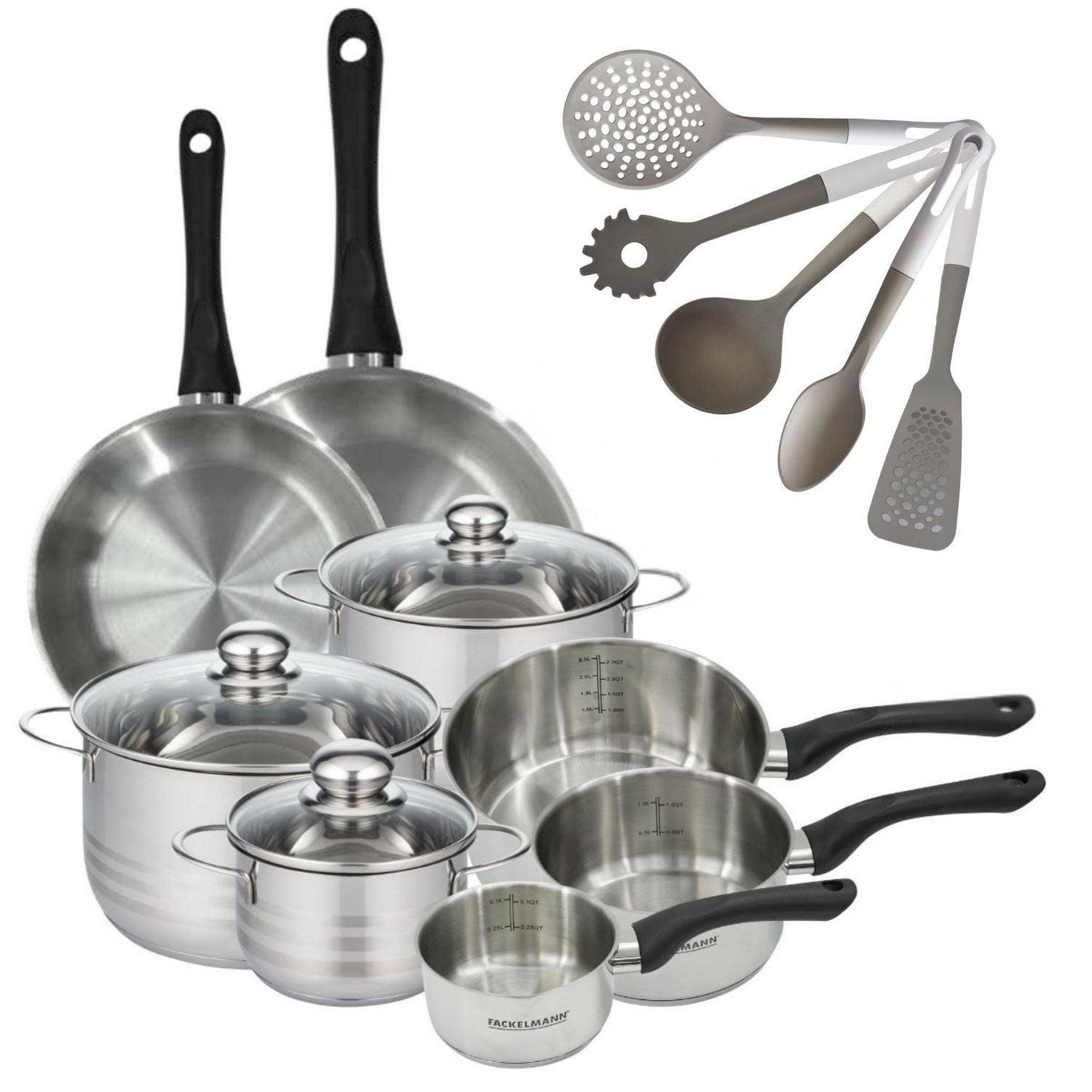 Fackelmann Batterie cuisine 2 poêles 24/28 cm 3 faitouts 16/20/24 cm 3 casseroles 12/16/20 cm 5 ustensiles fackelmann geneva
