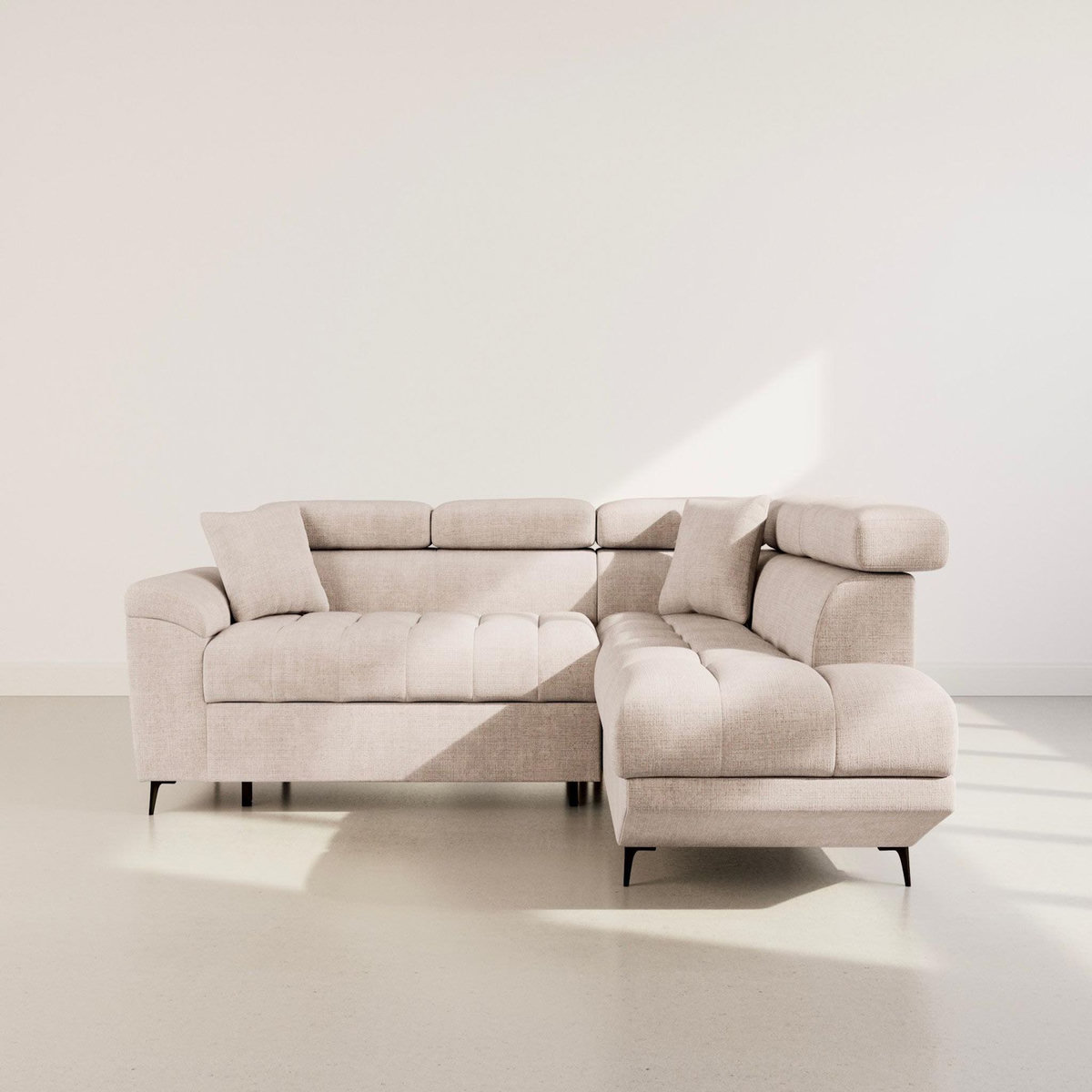 BEST MOBILIER Camille - canapé d'angle droit 5 places convertible avec têtières et coffre en velours texturé