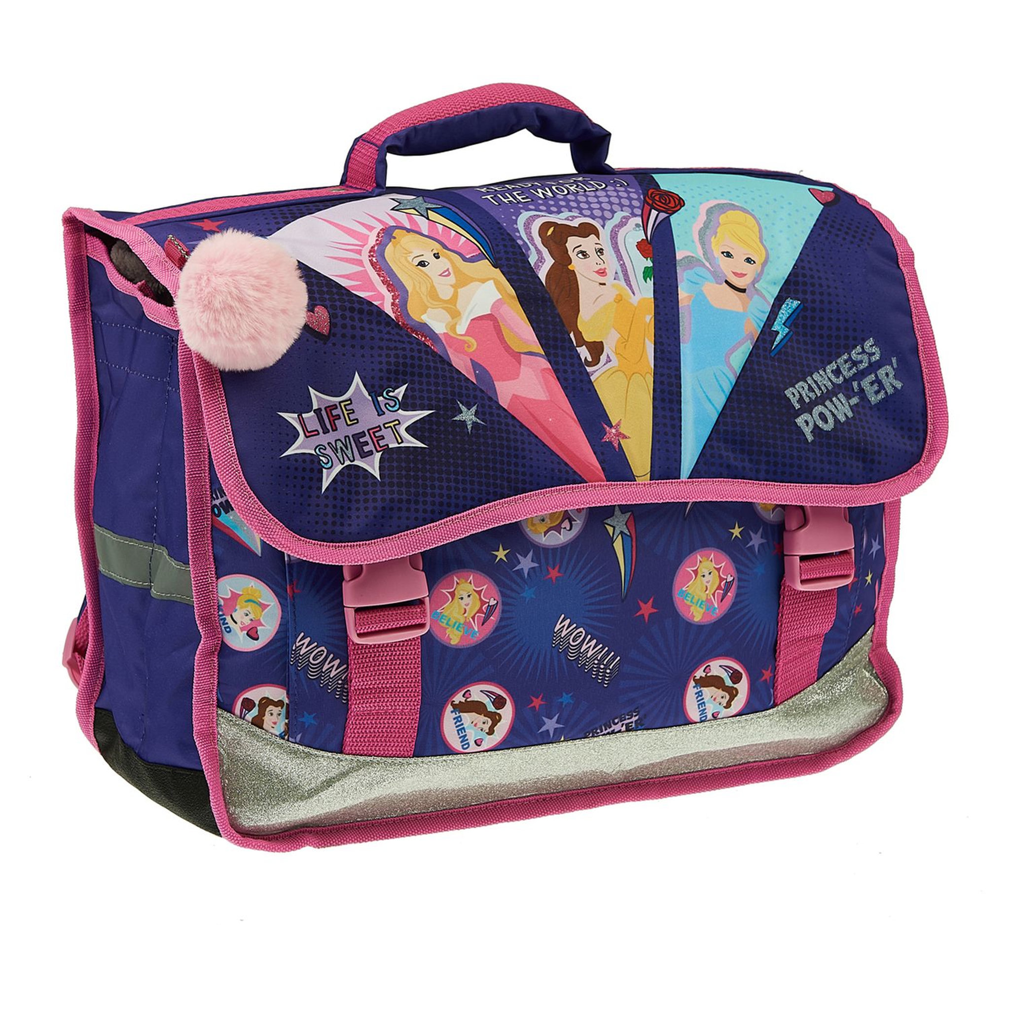 Voir la diapositive 1 : AUCHAN Cartable 38 cm avec pompon polyester violet PRINCESSES DISNEY