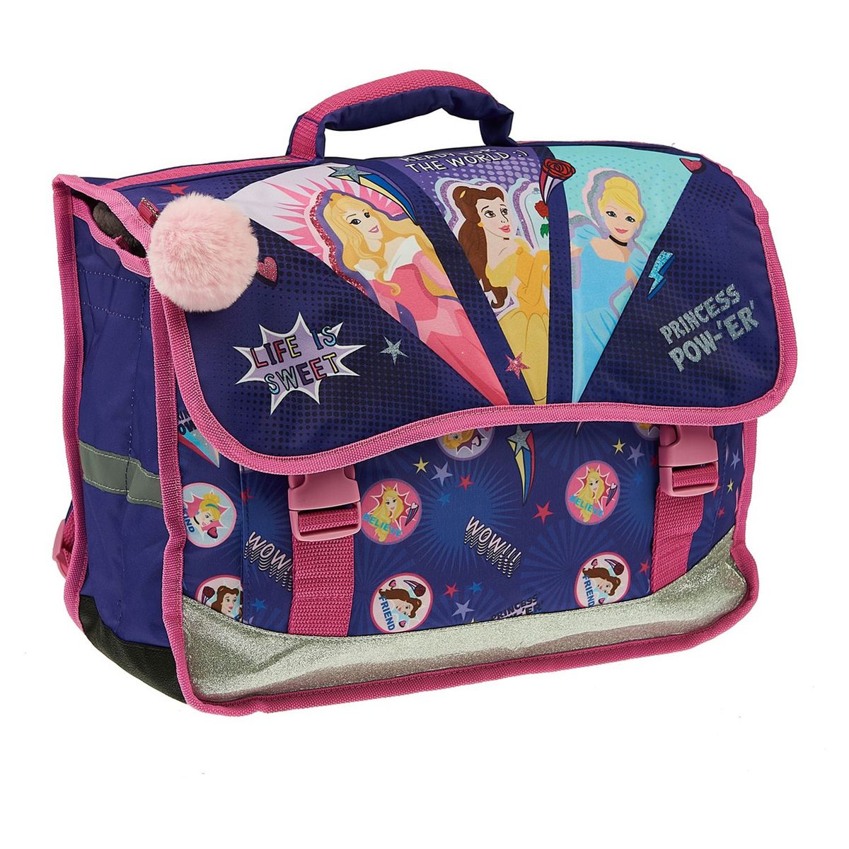 AUCHAN Cartable 38 cm avec pompon polyester violet PRINCESSES DISNEY