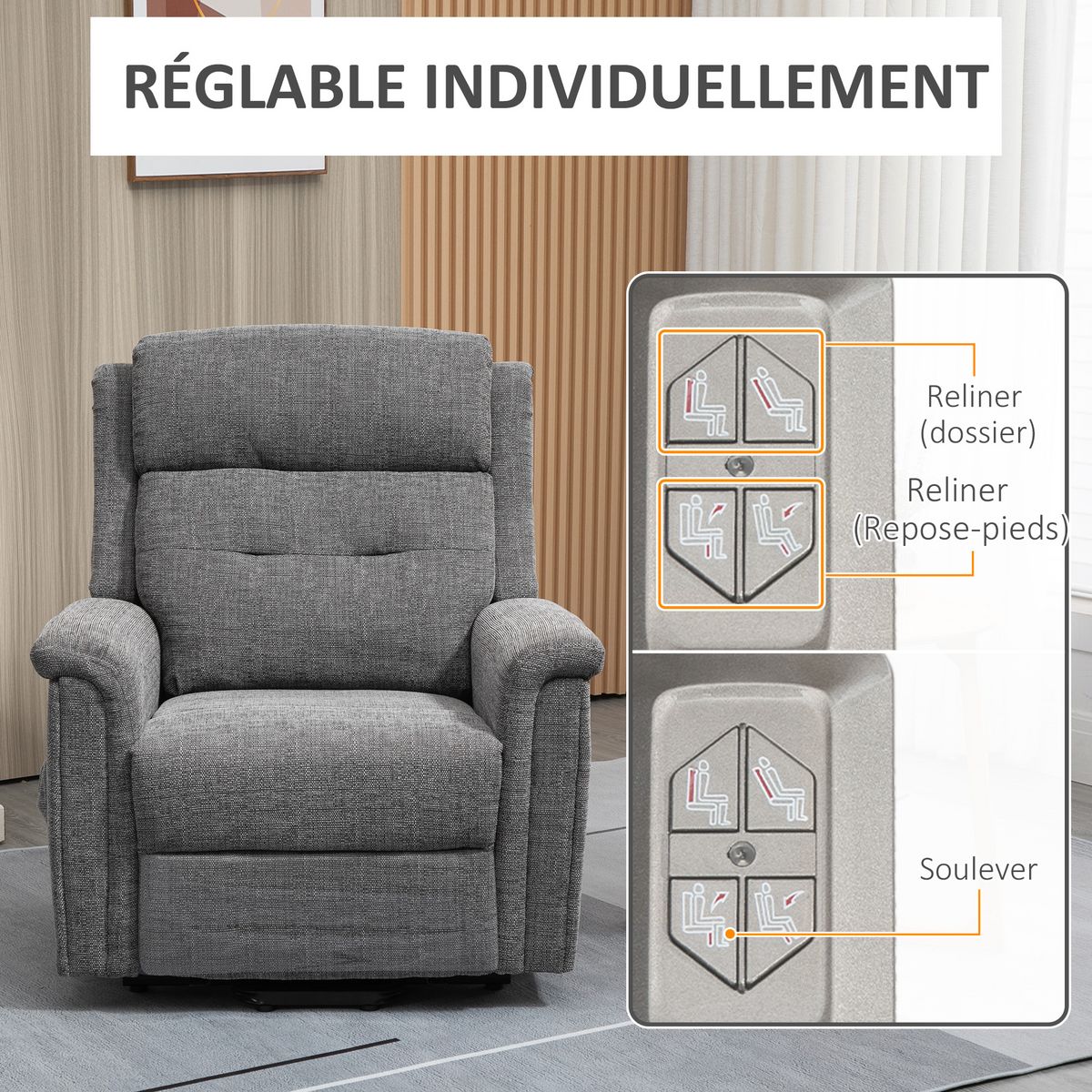 HOMCOM Fauteuil releveur électrique inclinable - repose-pied ajustable - télécommande - Fauteuil de relaxation - tissu polyester aspect lin gris chiné