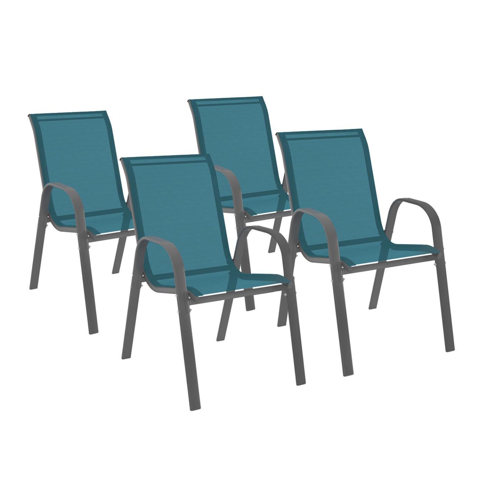 ID MARKET Lot de 4 chaises de jardin lyma métal et textilène empilables bleu canard