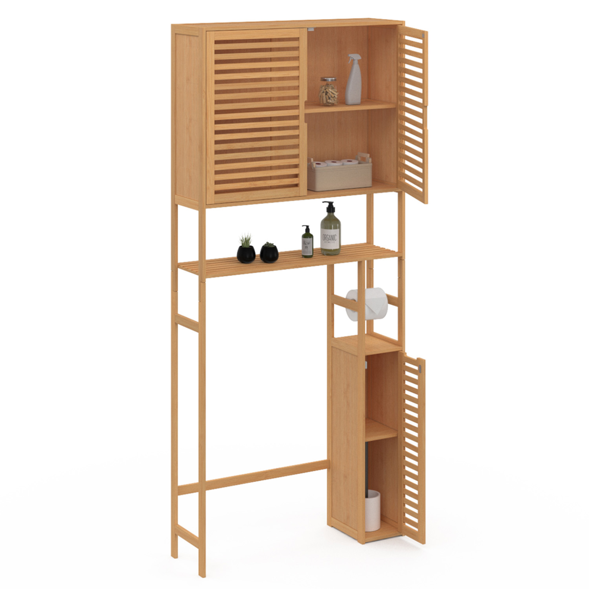 Voir la diapositive 4 : ID MARKET Meuble wc 3 en 1 avec armoires de rangement bambou bea