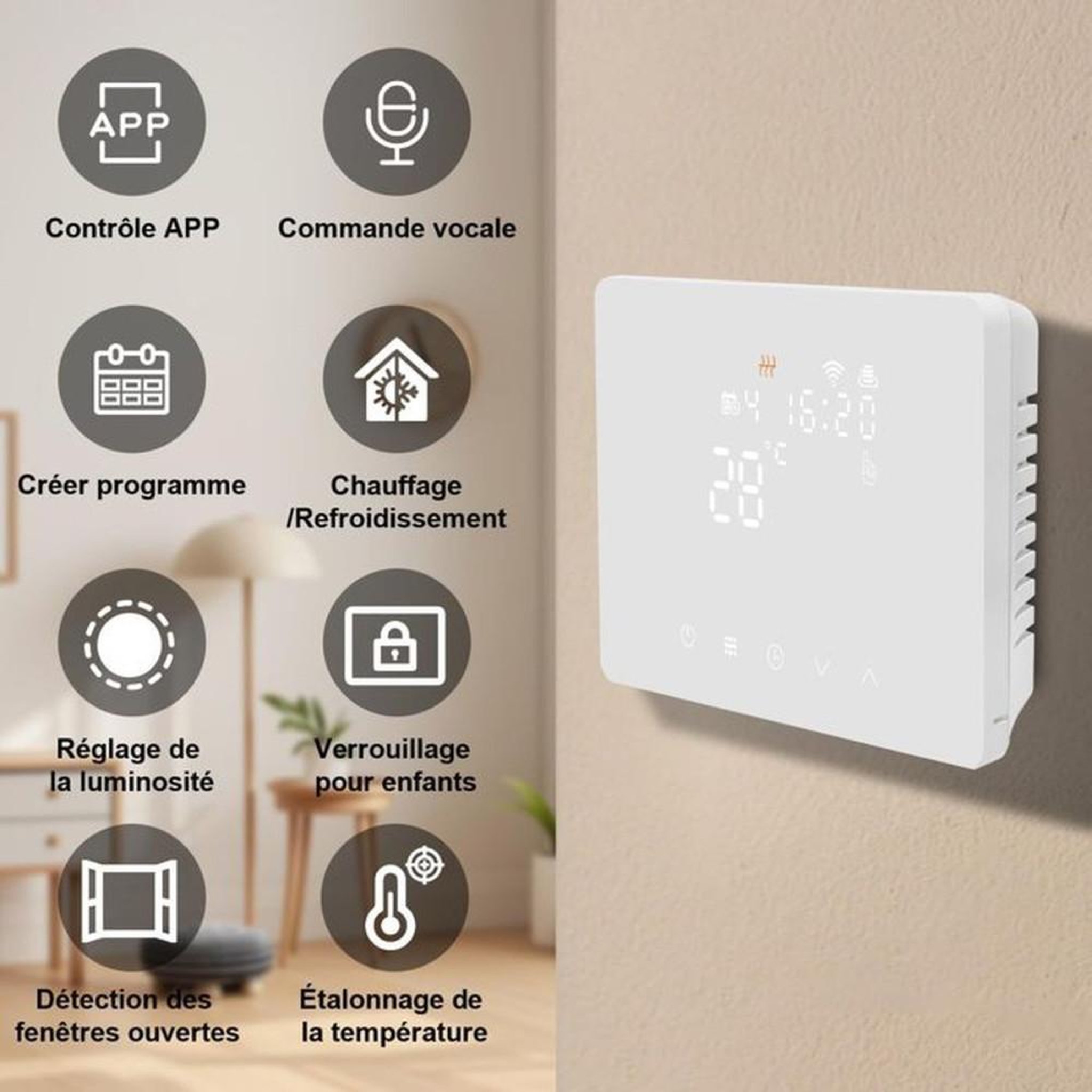 Voir la diapositive 2 : Thermostat WiFi chaudière avec contact sec NO/COM 5A, 2,4 GHz, pilotage Smart Life/Tuya et commande vocale Alexa/Google, programmation hebdomadaire
