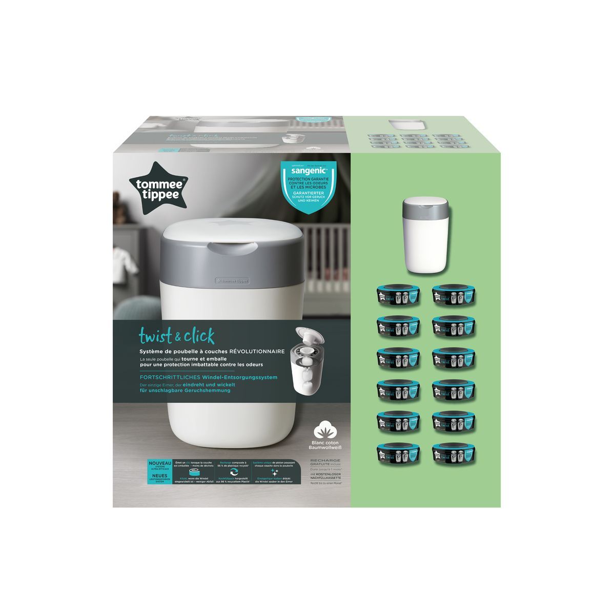 TOMMEE TIPPEE Starter Pack Poubelle à couches Twist & Click Blanc bac + 12 recharges 
