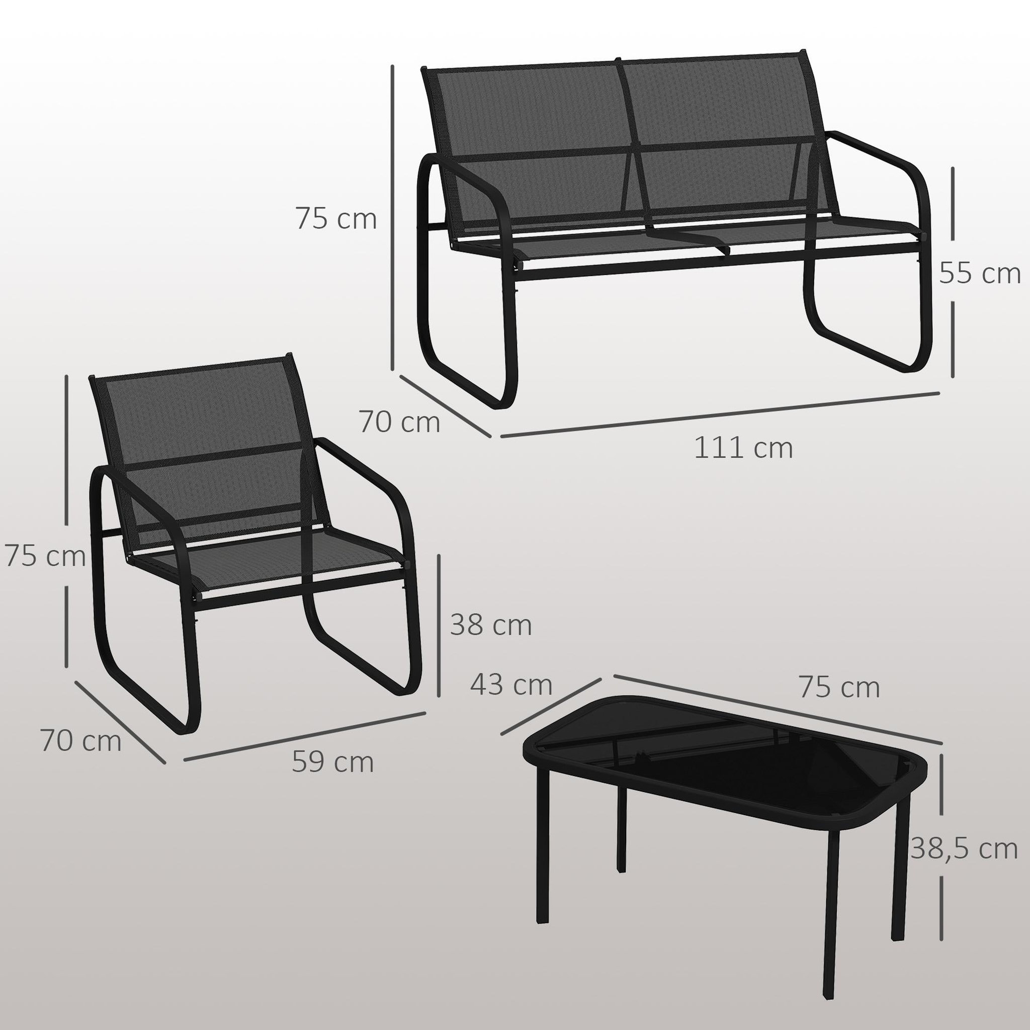 Voir la diapositive 3 : OUTSUNNY Ensemble salon de jardin relax 6 personnes 5 pièces plateau verre trempé acier textilène noir