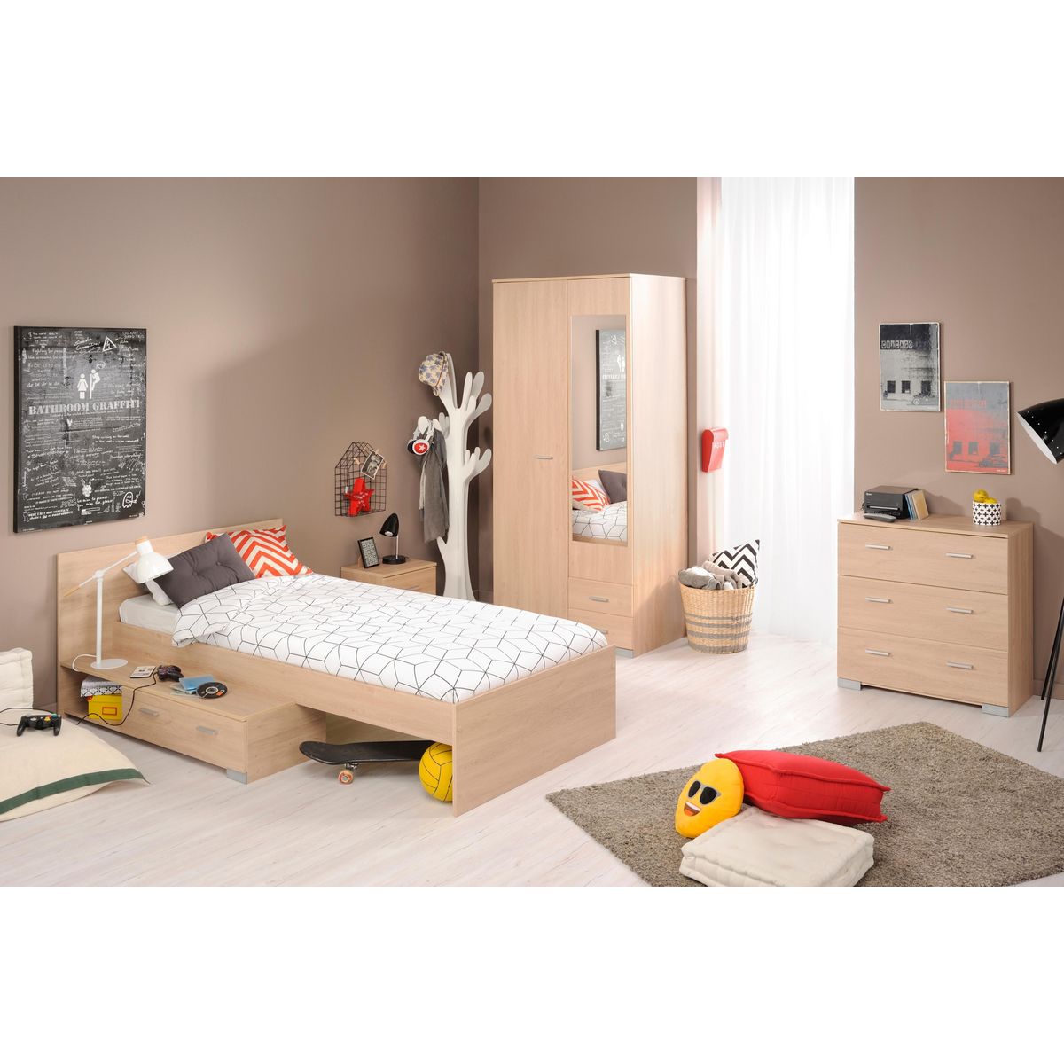 Armoire 2 portes 1 miroir 2 tiroirs L90cm FLAVIE