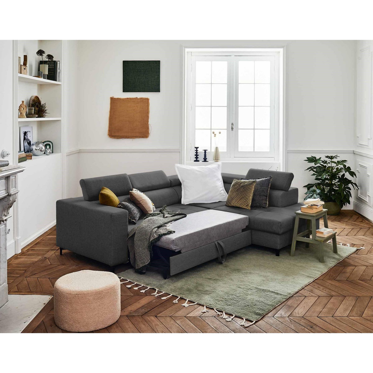 LISA DESIGN Olinda - canapé d'angle droit - 5 places - convertible avec coffre et têtières réglables - en tissu