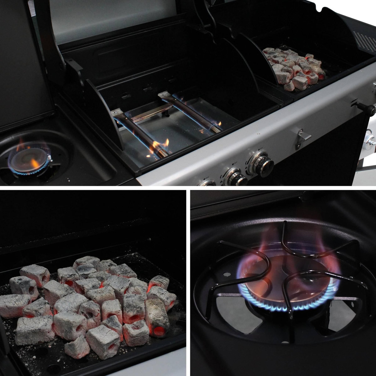 SWEEEK Barbecue 2 en 1 gaz et charbon. 3 brûleurs + 1 feu latéral. grill et fumoir avec tablettes et housse