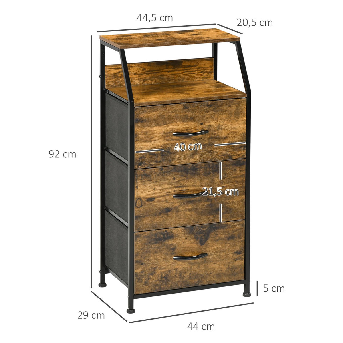 HOMCOM Meuble de rangement colonne design industriel - 3 tiroirs, niche, étagère - châssis acier noir MDF aspect bois avec veinage