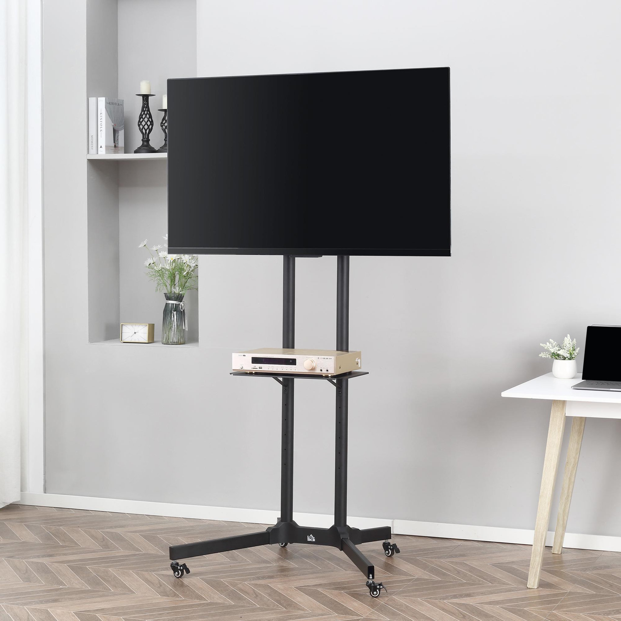 Voir la diapositive 2 : HOMCOM HOMCOM Support TV sur roulettes meuble TV roulant pour écran 32-65 pouces hauteur et angle réglable charge max. 50 Kg châssis acier noir