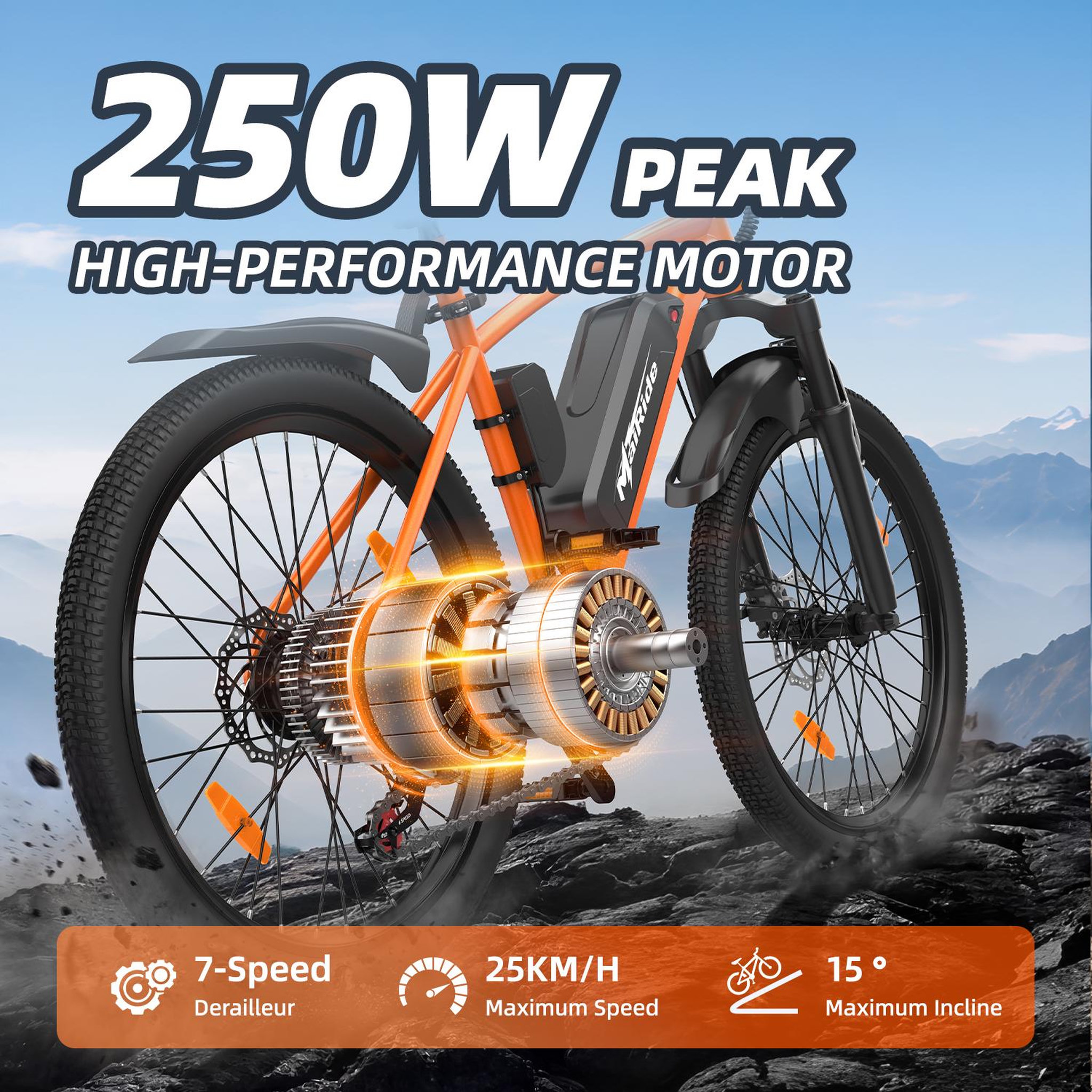 Voir la diapositive 3 : MAIRIDE Vélo électrique 26  mairide q7, 36 v 10 ah, shimano 7 vitesses, orange