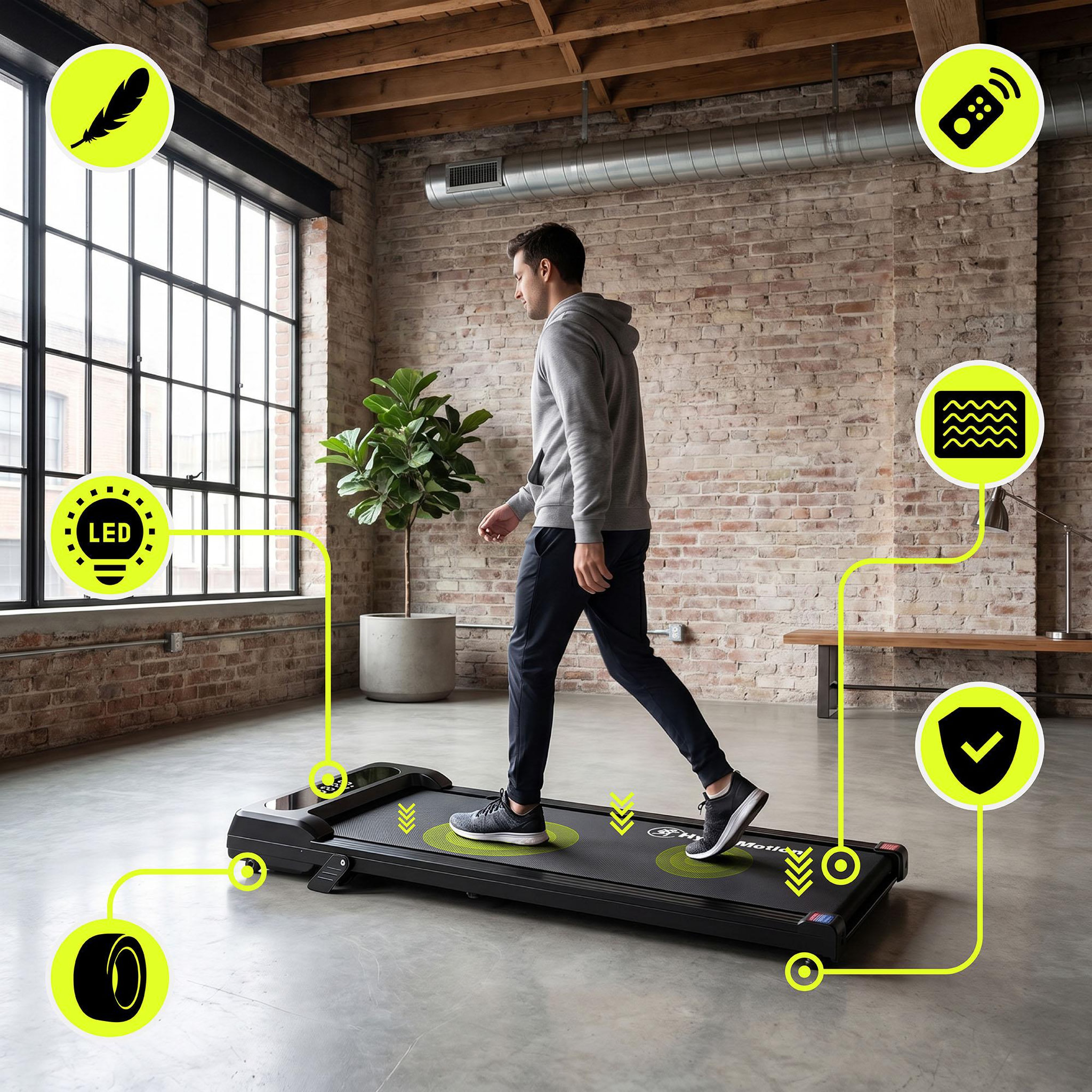 Voir la diapositive 2 : HYPERMOTION Tapis de Marche Motorisé Domicile ou Bureau Acier et ABS Ultra-Plat 6 km/h Dim 107x48cm Noir