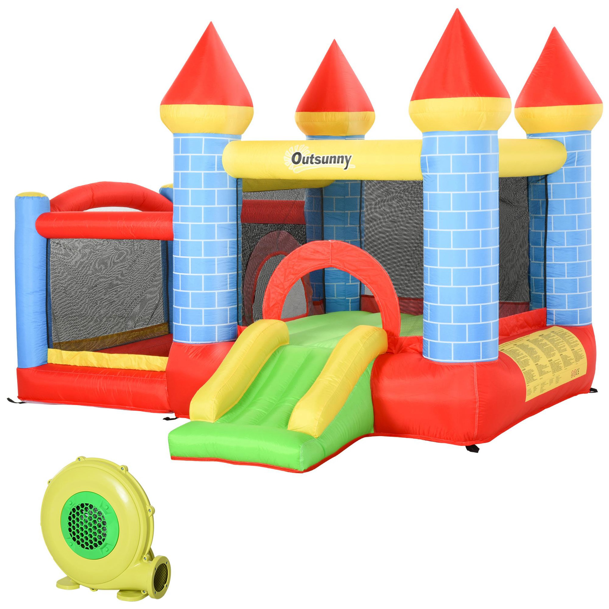 Voir la diapositive 1 : OUTSUNNY Château gonflable enfant - toboggan, trampoline, piscine, panier - gonfleur, sac de transport inclus - dim. 2,8L x 2,6l x 2,1H m - polyester multicolore
