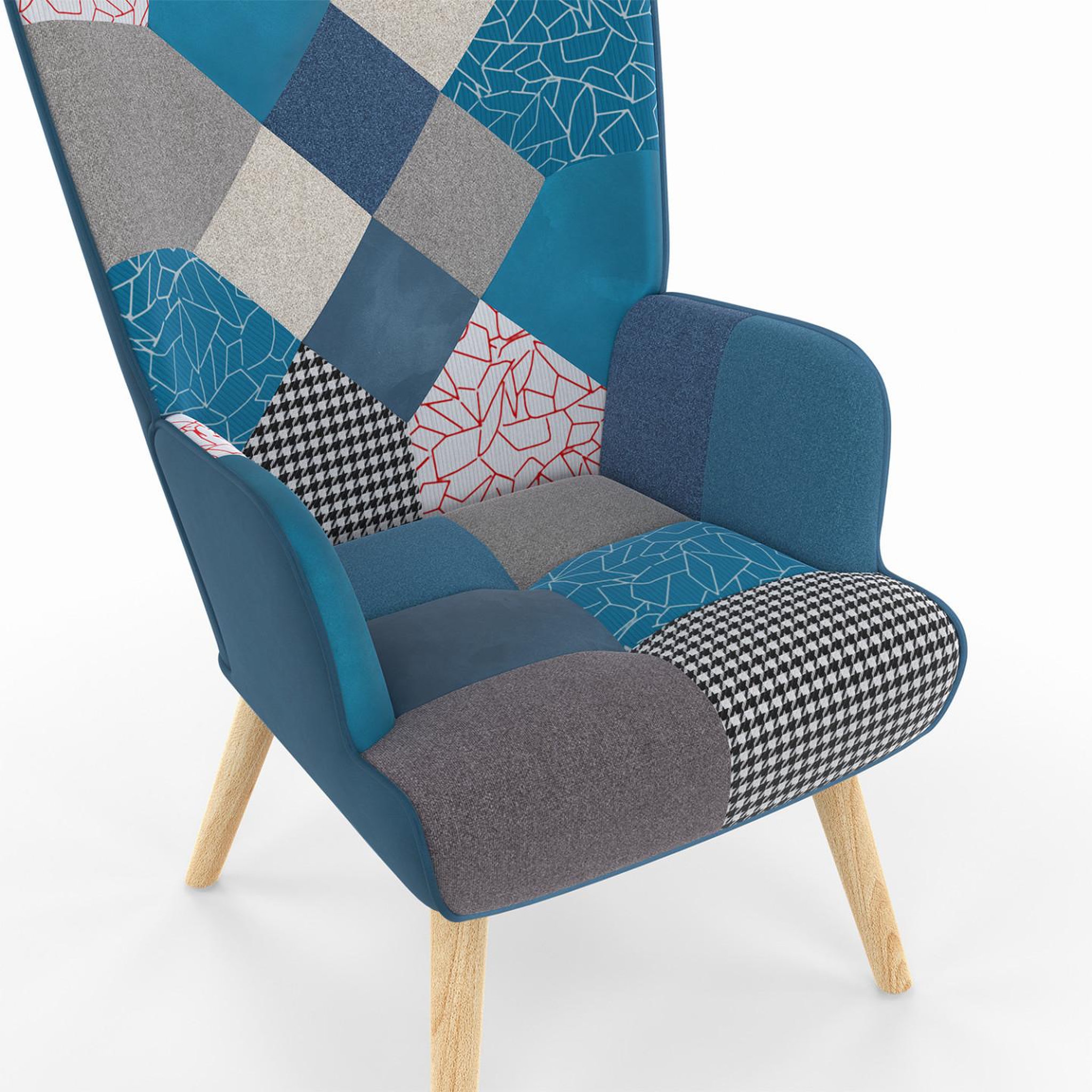 Voir la diapositive 6 : ID MARKET Fauteuil scandinave ivar en tissu patchwork et velours bleu