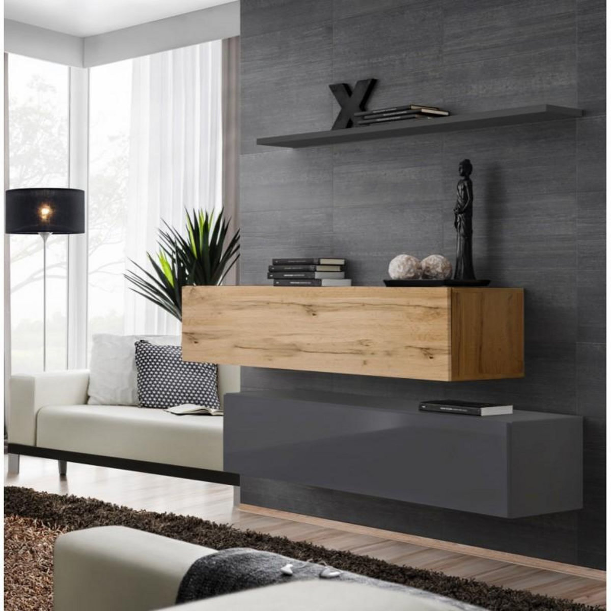 Paris Prix Lot de 2 Bancs Muraux & Étagère  Switch SBII  130cm Gris & Naturel