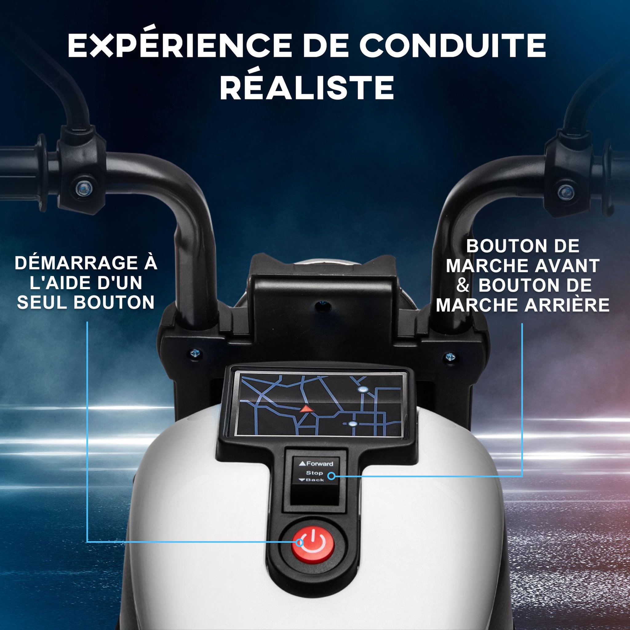 Voir la diapositive 4 : HOMCOM Moto électrique enfant 6 V 3 Km/h effet lumineux roulettes amovibles repose-pied pédale métal PP blanc noir