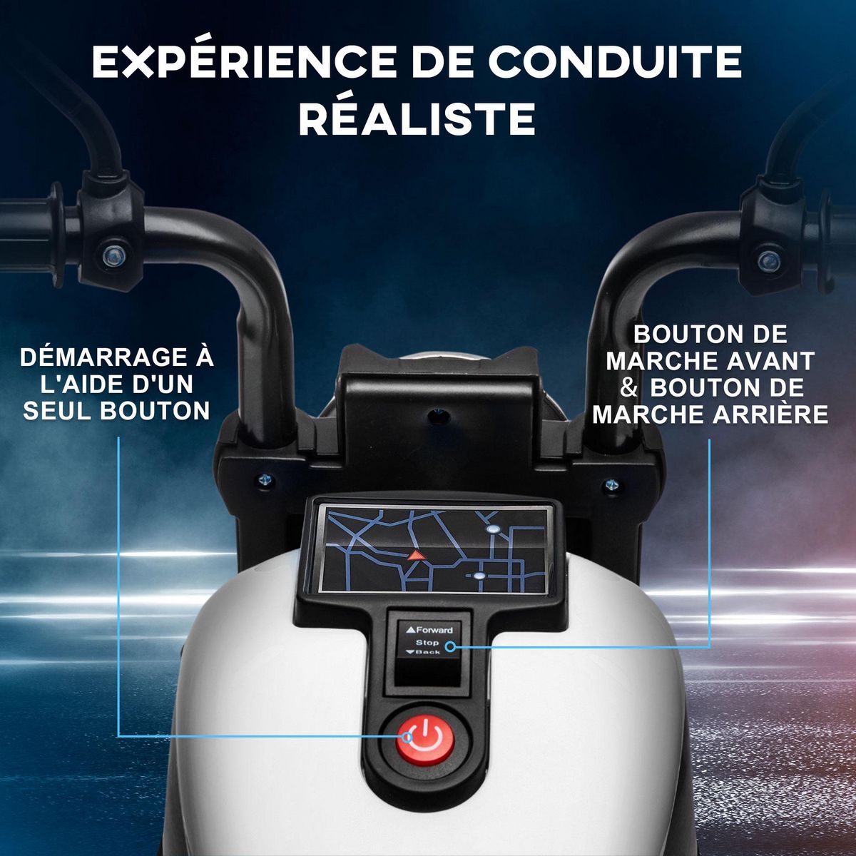 HOMCOM Moto électrique enfant 6 V 3 Km/h effet lumineux roulettes amovibles repose-pied pédale métal PP blanc noir