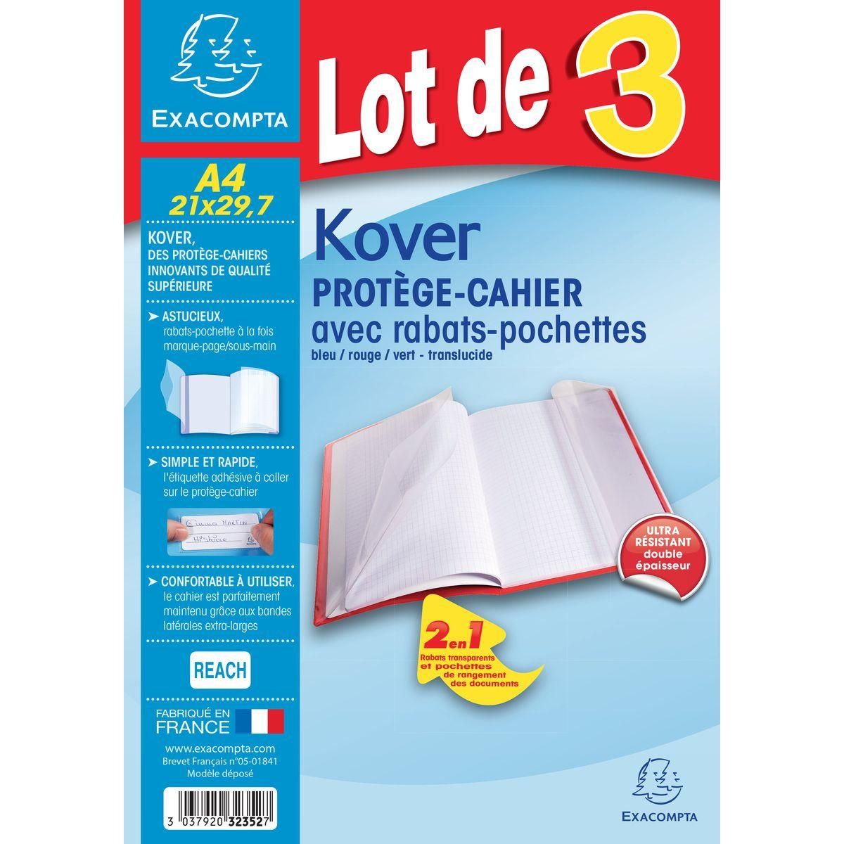 EXACOMPTA Lot de 3 protèges cahiers 21x29.7 cm translucide bleu, vert et rouge