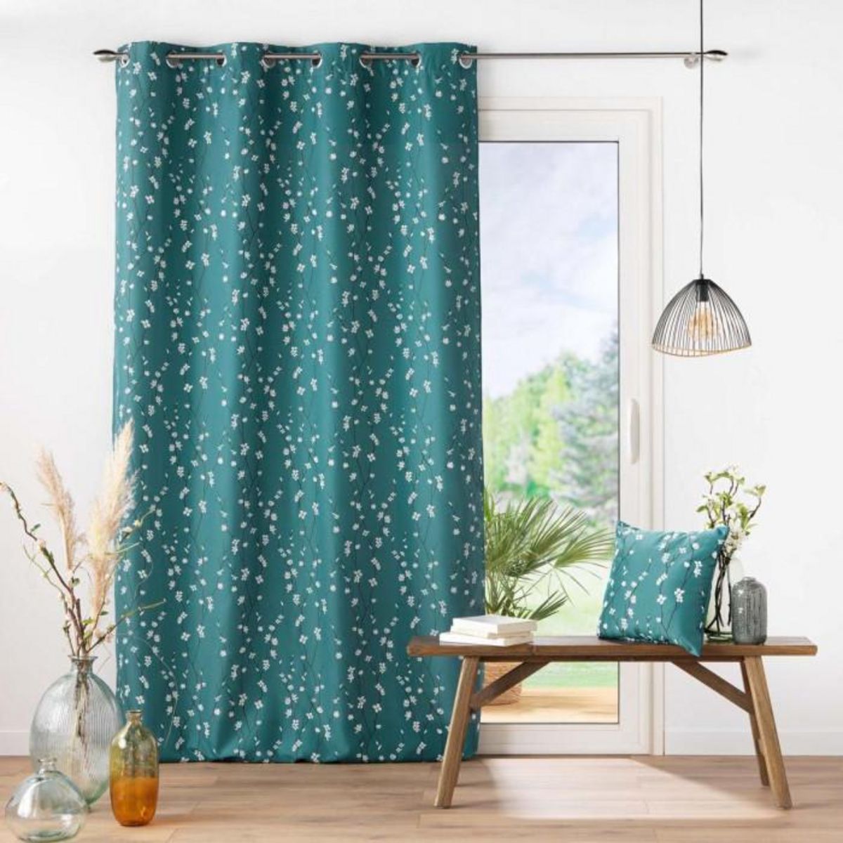 Paris Prix Rideau à Œillets Imprimé  Sakura  140x260cm Emeraude