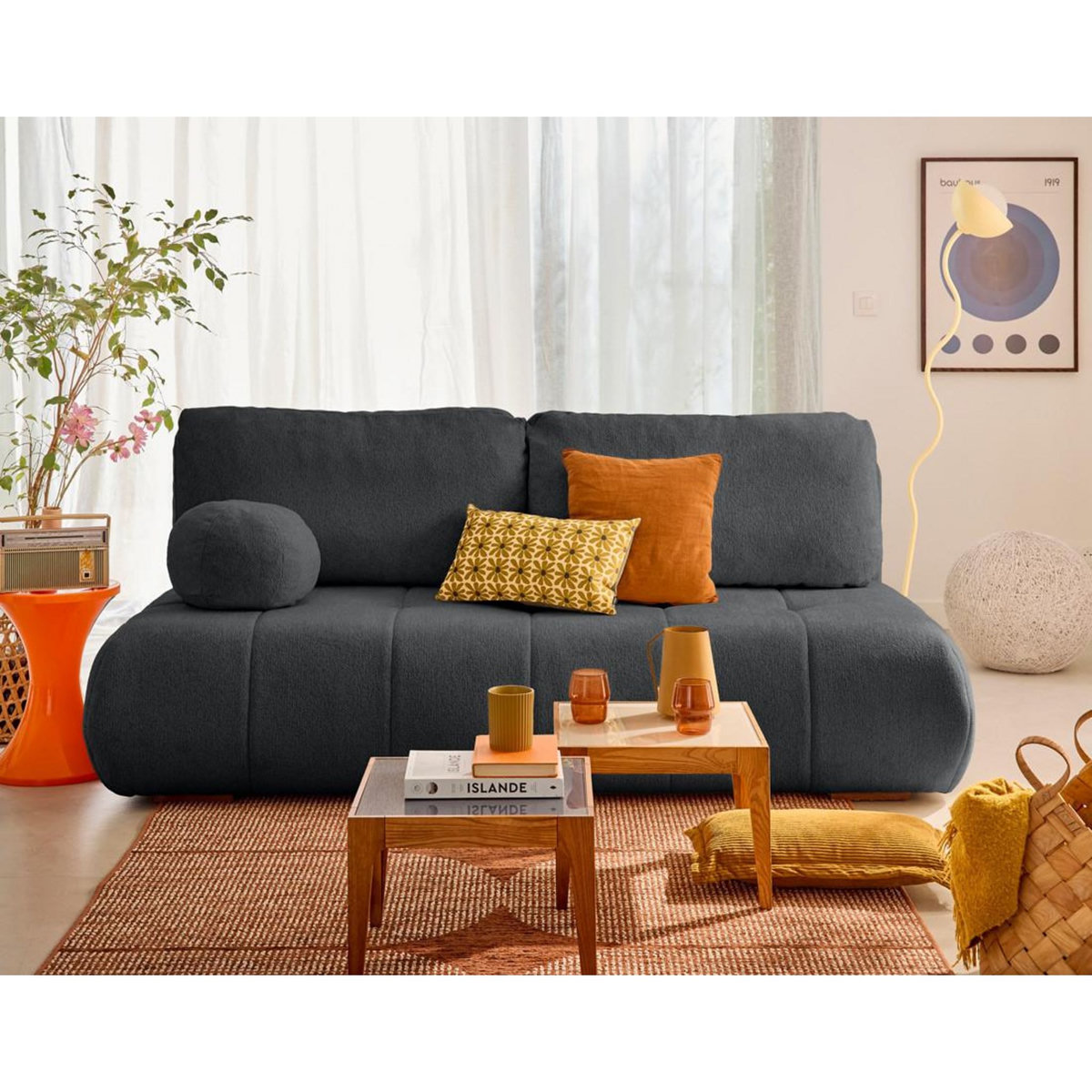 BEST MOBILIER Bowie - canapé 3 places convertible coffre + coussin rond inclus en tissu texturé