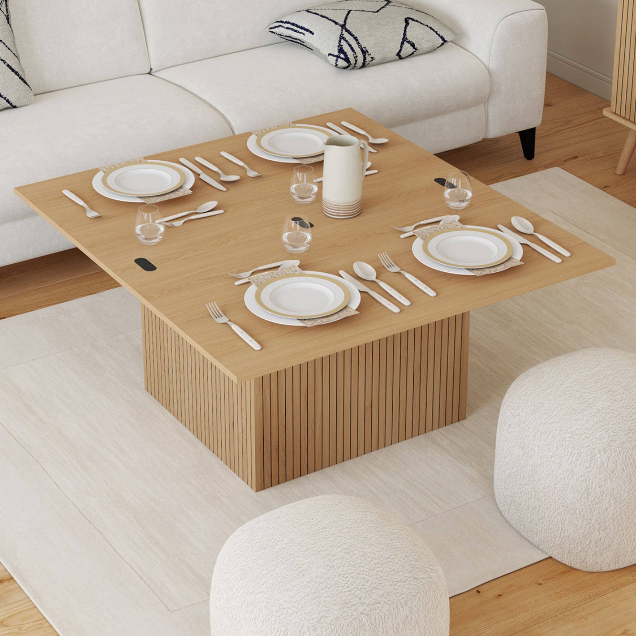 Voir la diapositive 2 : ID MARKET Table basse plateau relevable rectangulaire convertible en table à manger juliette 100 cm effet lattes tasseau bois