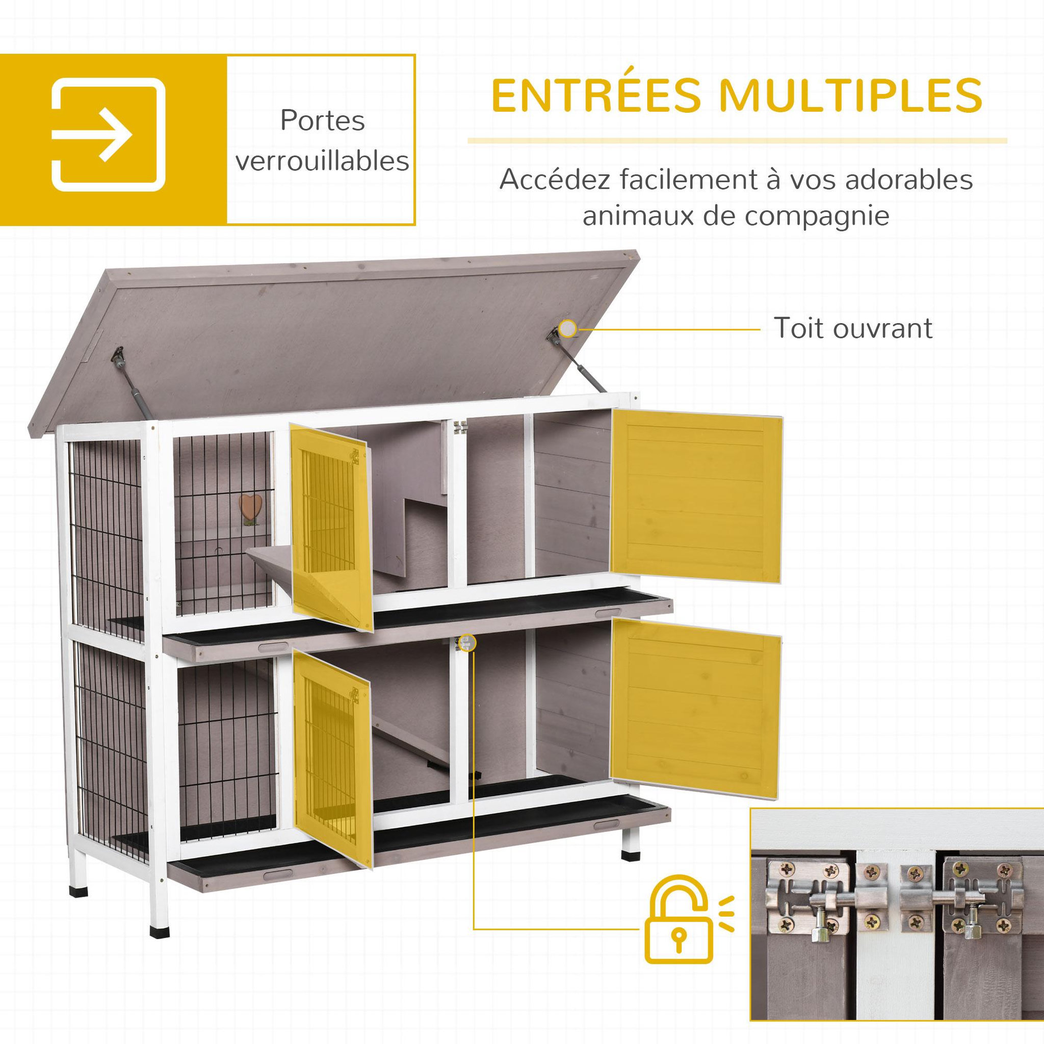 Voir la diapositive 5 : PAWHUT Clapier à lapin cage à lapin 2 étages trappe de séparation amovible 4 portes verrouillables 2 plateaux coulissants rampe toit ouvrant bois de sapin gris blanc