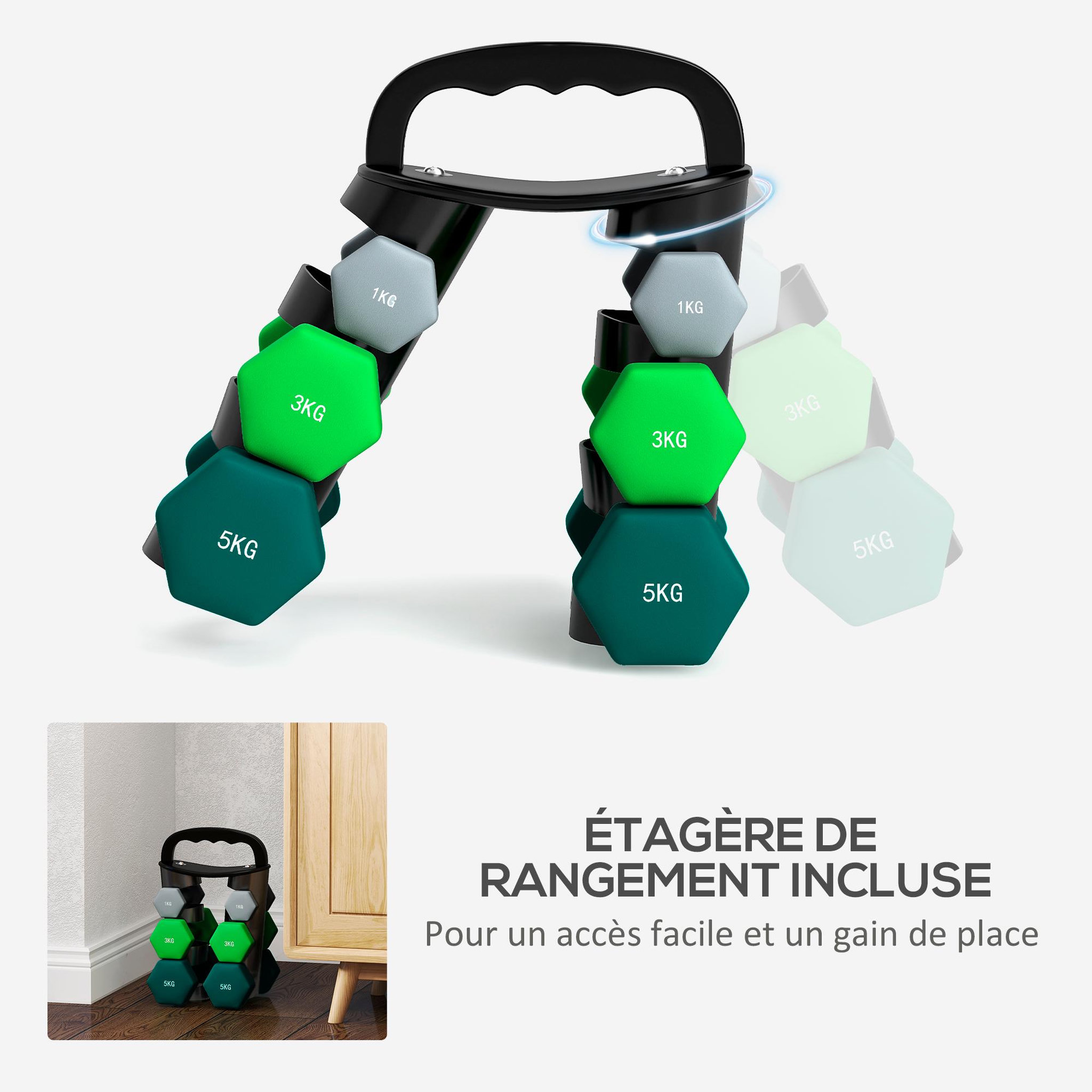 Voir la diapositive 5 : HOMCOM Support noir pour 6 haltères vinyles - 6 haltères incluses total 48 kg - noir gris vert