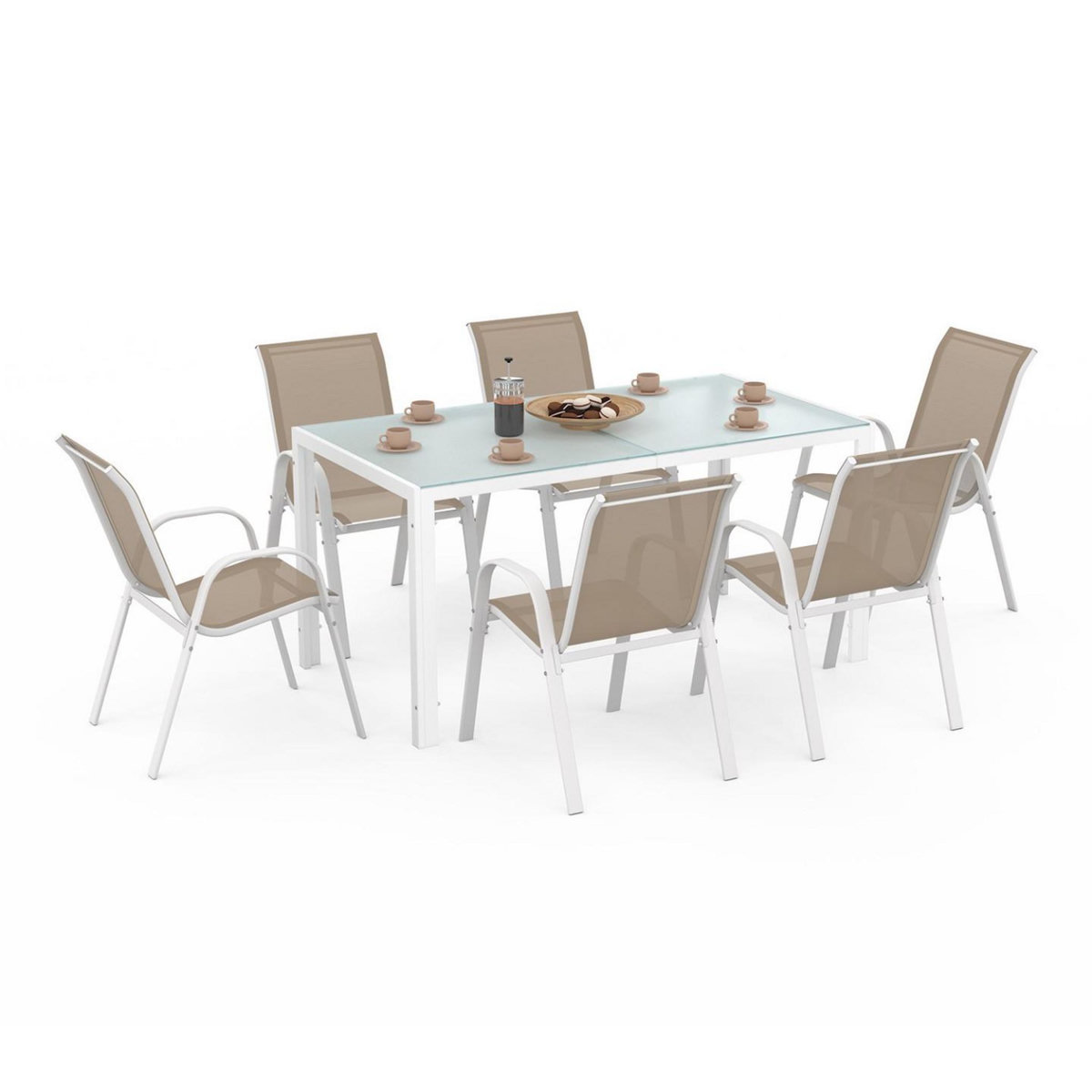 ID MARKET Salon de jardin MADRID table 150 CM et 6 chaises empilables blanc et beige
