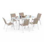 ID MARKET Salon de jardin MADRID table 150 CM et 6 chaises empilables blanc et beige