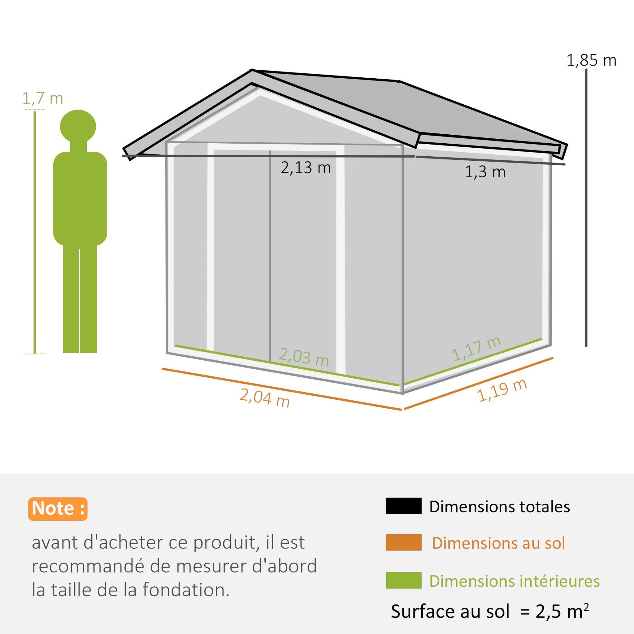 Voir la diapositive 3 : OUTSUNNY Abri de jardin - remise pour outils - cabanon porte verrouillable - dim. 213L x 130l x 185H cm - tôle d'acier vert pastel